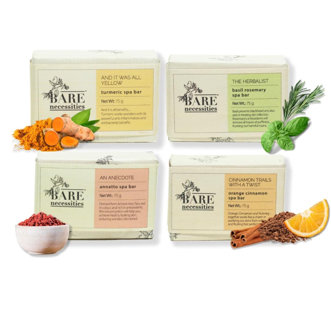 Bare necessitiesHandmade Bath Soap | Pack of 4 Cold Processed Soaps |Turmeric Glow, Nourishing Rosemary, Refreshing Orange, Exfoliating Annatto | For Men and Women | 75g each