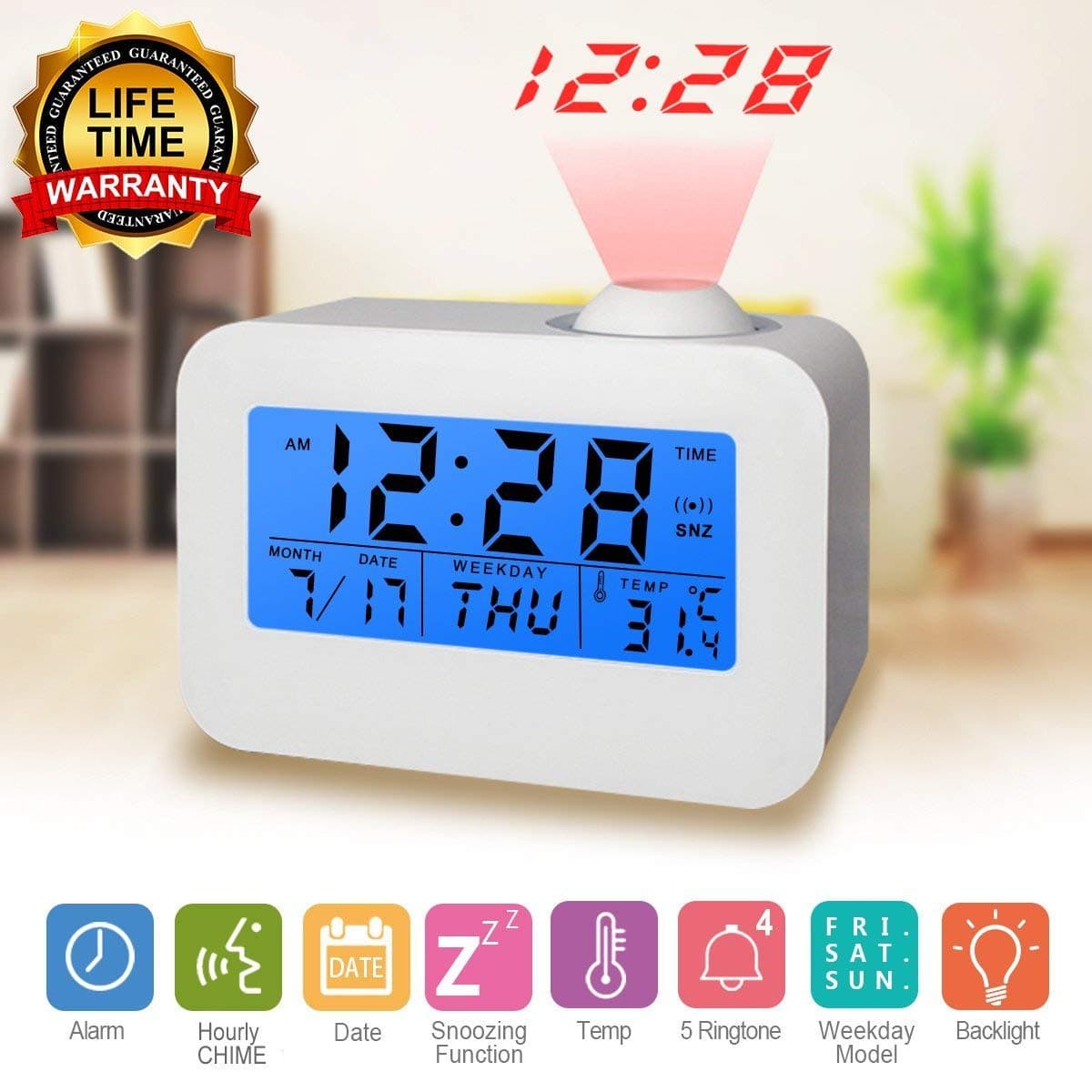kecess Digital Alarm Clock, Projection Clock Ceiling Clocks Time Projector, Travel Alarm Clock with LED Display, Temperature, Snooze, 4 Alarm Music, Hourly Chime Digit Clock (Project Clock)