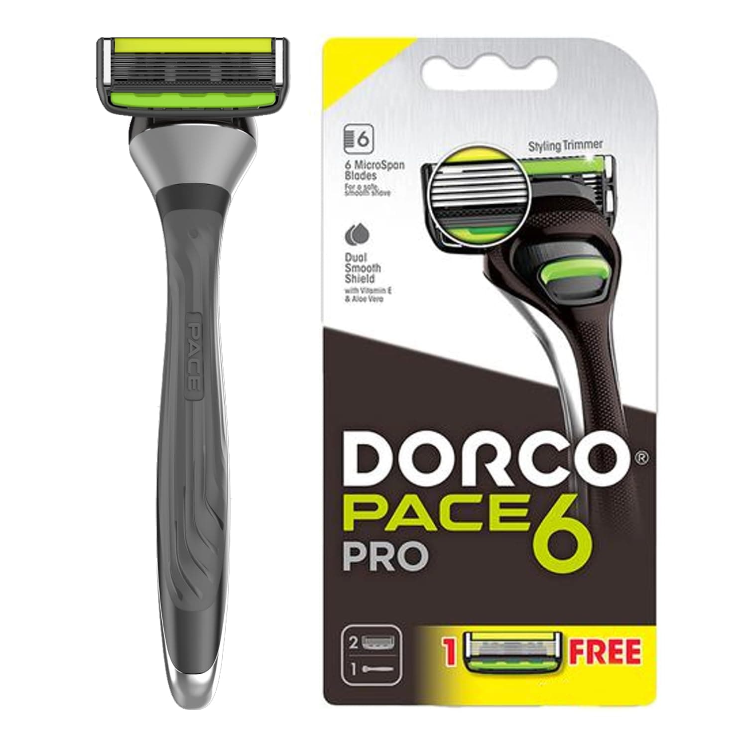 Dorco Pace 6 Shaving Razor for Men | 6 blade technology | For Close, Smooth & Clean Shave | Moisturizing Lubricant Strip | Mens Shaving, Grooming & Styling | Mens Razor With 1 Extra Cartridge