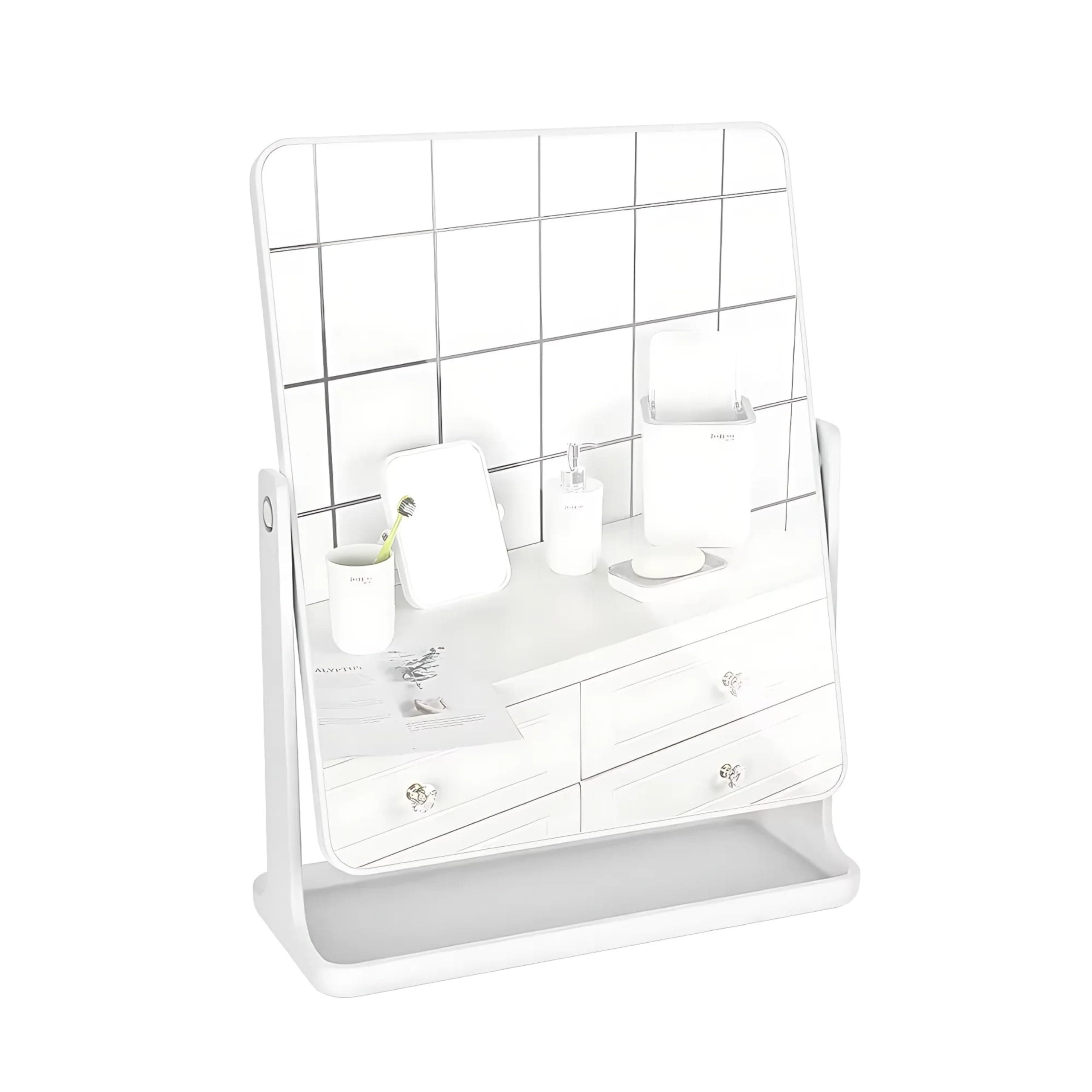 FEELINGS Square Makeup Mirror | White Desktop Vanity Mirror | 360° Rotating Mirror with Elegant Design | Portable and Lightweight Cosmetic Mirror for Home, Office, or Travel