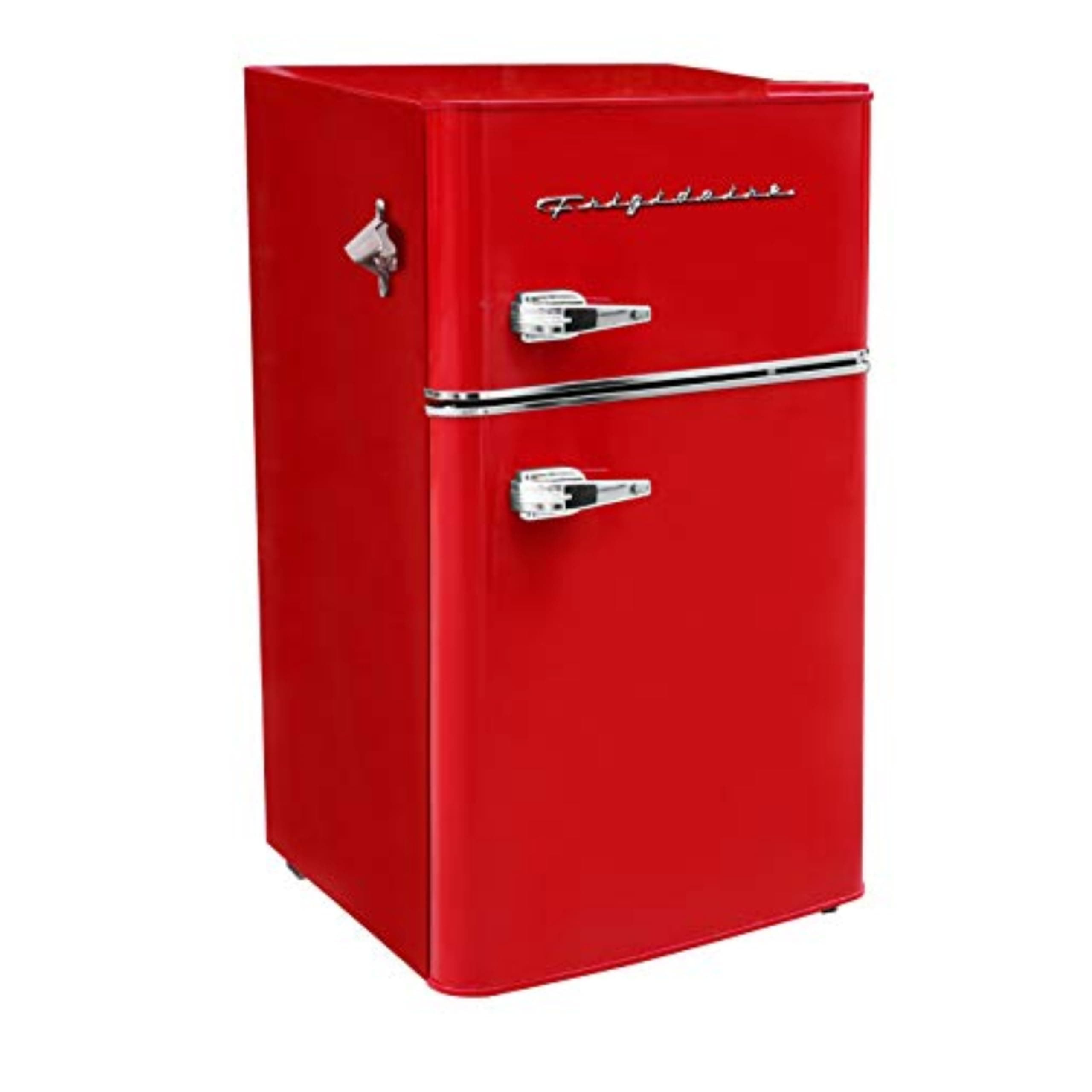 Frigidaire Retro Compact Fridge Freezer Combo, 3.1 cu. ft. Capacity, Small Top Freezer Refrigerator, Mini Fridge with Built-in Bottle Opener – 19”"D x 20.5" W x 33.5" H (Red)