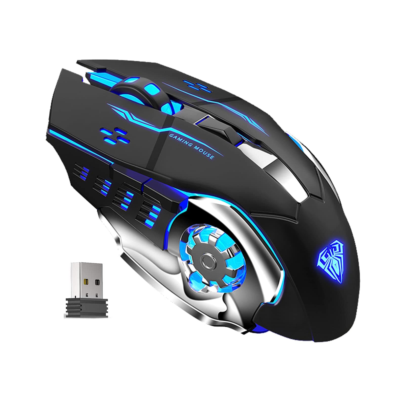 SC100 Silent Wireless Gaming Mouse Rechargeable, with Side Buttons, LED Backlit, DPI Adjustable, 2.4G Wireless Optical Computer Mice Punk Cool Mouse for Games/Work (Black)