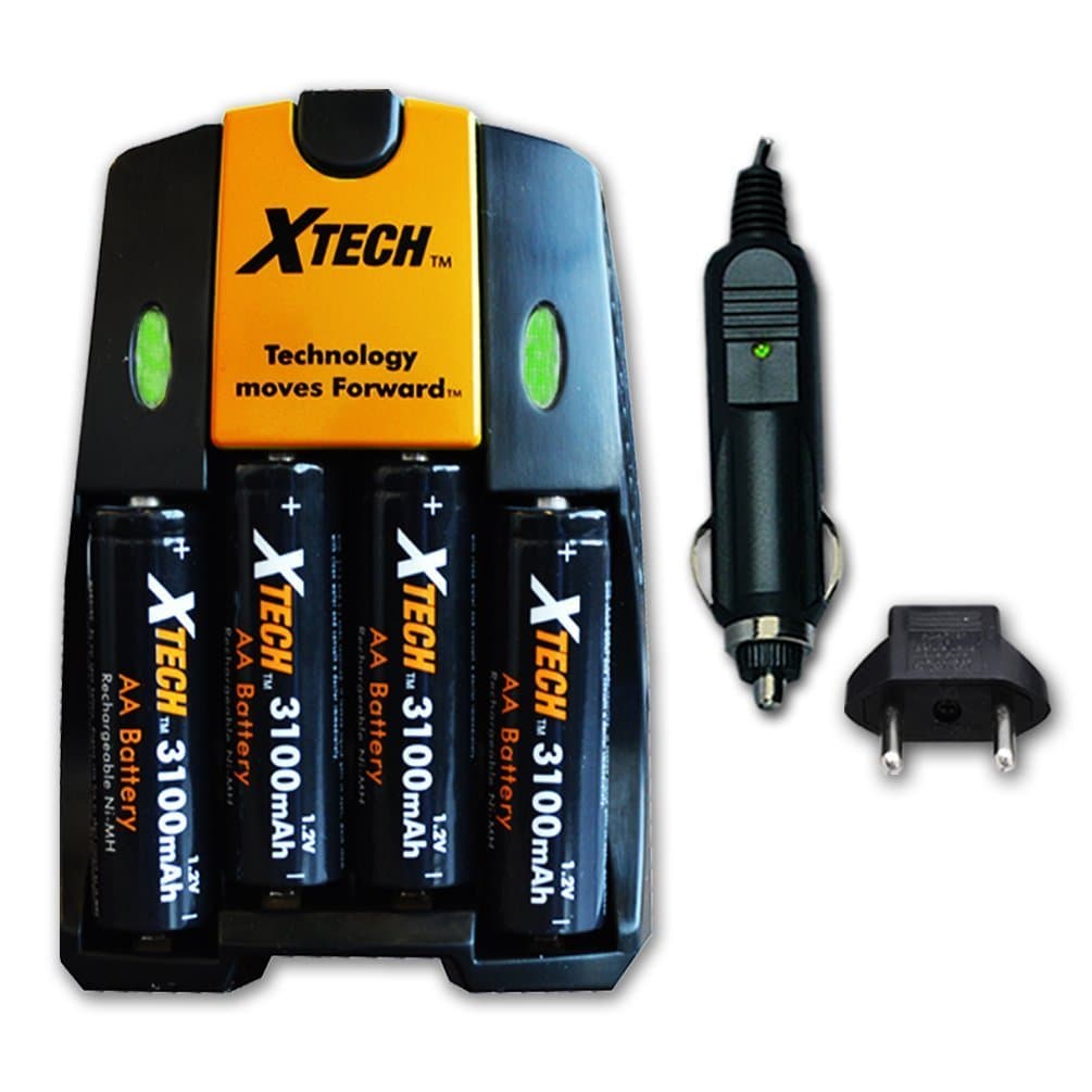 Xtech High Speed AC/DC Charger plus 4 AA NiMH 3100mAh High Capacity Rechargeable Batteries for Nikon Coolpix L840, L830, L820, L810, L620 L610, L320, L30, L28, L26 Digital Cameras.