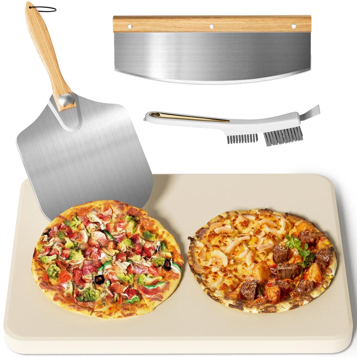4 PCS Rectangle Pizza Stone Set, 20" Large Pizza Stone for Oven and Grill with Pizza Peel, Pizza Cutter & Brush, Baking Stone for Pizza, Bread,BBQ