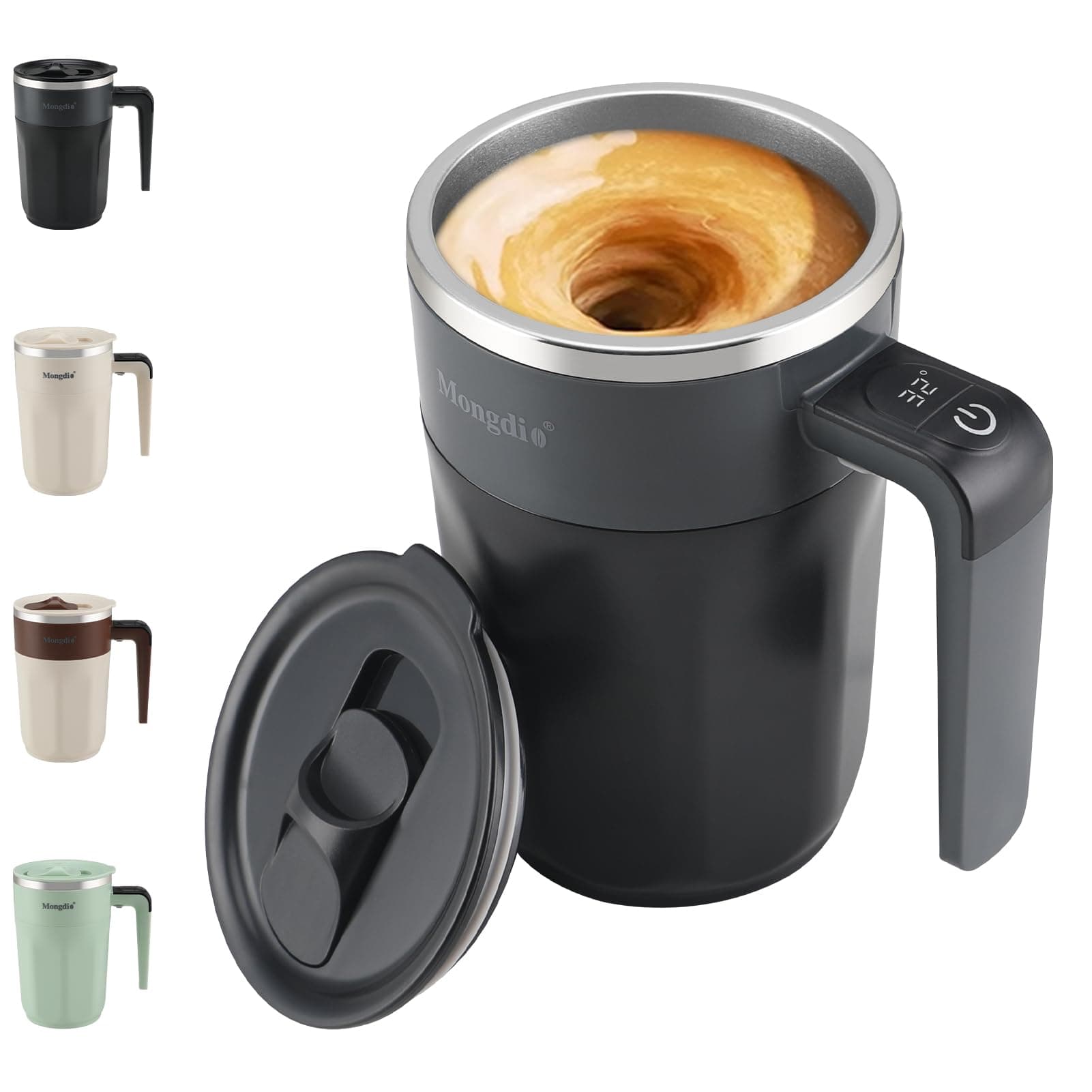 Mongdio Self Stirring Coffee Mug with Temperature Display, Rechargeable Stirring Mug, Automatic Self Stirring Cup with Lid, For Coffee, Milk and Other Beverages, Black