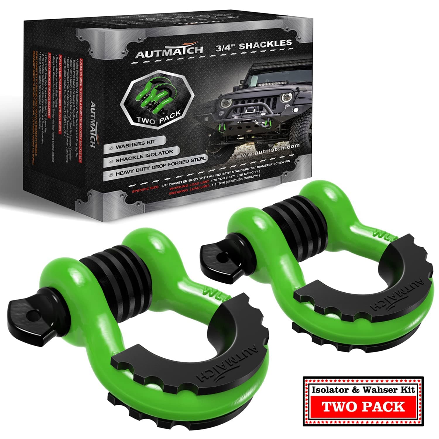 AUTMATCH D Ring Shackle 3/4" Shackles (2 Pack) 41,887Ibs Break Strength, Clevis Shackle with 7/8" Screw Pin and Shackle Isolator Washers Kit for Tow Strap Winch Off Road Vehicle Recovery, Green