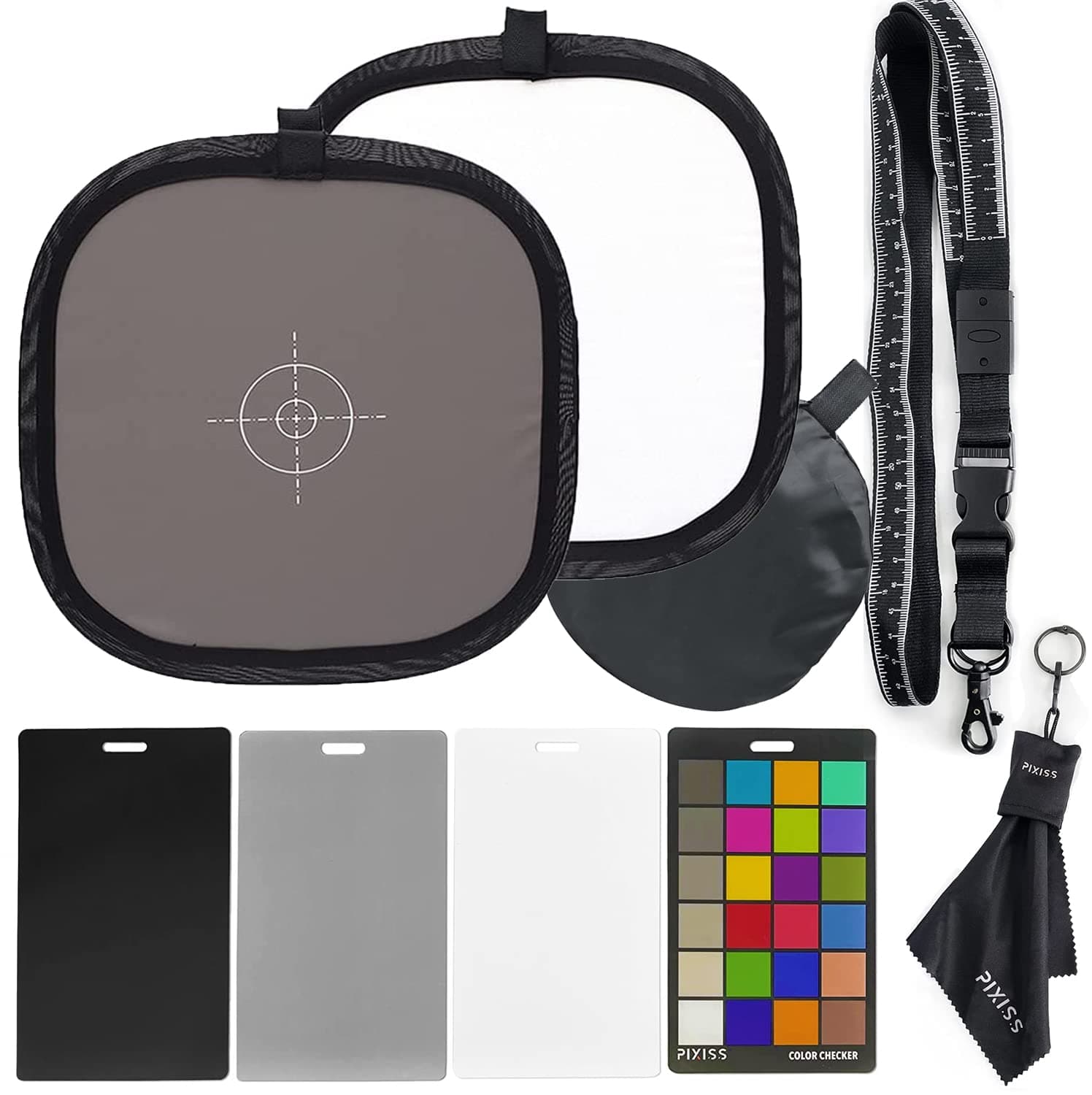 Pixiss 12x12 Foldable White Balance 18% Gray Reference Reflector Grey Card with Carry Case for Photography & Camera Color Correction White Balance Card, 4In1 Color Correction Card Set by