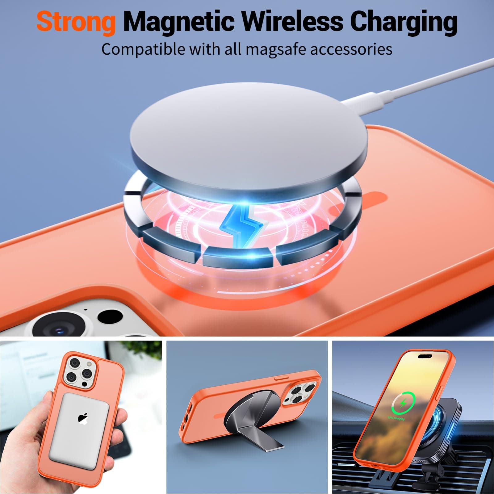 SUPFINE Magnetic for iPhone 15 Pro Case (Compatible with MagSafe) (Military Grade Drop Protection) Slim Translucent Matte Shockproof with Anti-Fingerprint Phone Case,Orange