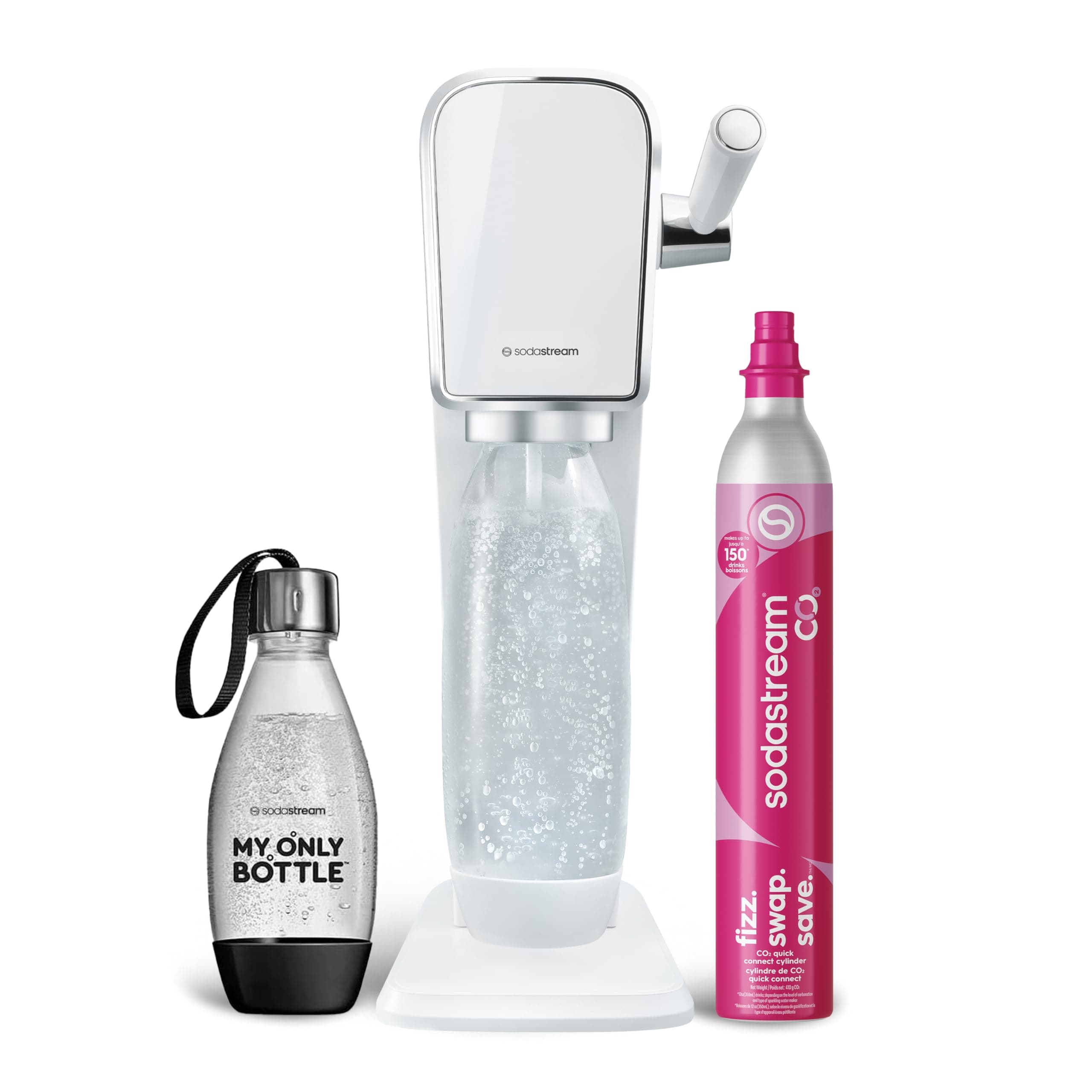 ART Sparkling Water Maker | STARTER KIT | CQC CO2 system | Includes 1x CO2 Cylinder, 1x32 & 1x16 Fl Oz Dishwasher Safe Bottles | Combine with Pepsi Flavors | White