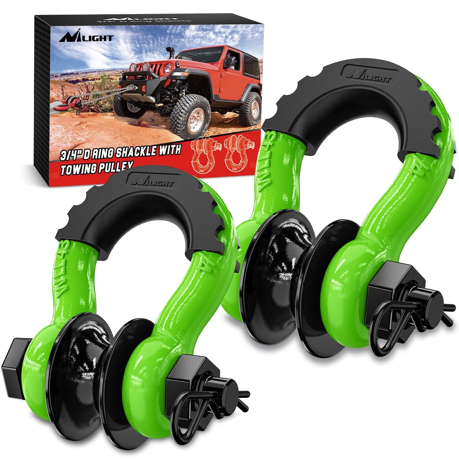 3/4" D Ring Shackle with Towing Pulley 2 Pack 4.75 Ton (9500 Lbs) 7/8" Pin Heavy Duty Off Road Recovery Shackle with Isolators Washer Kit for Jeep Truck Tractor Vehicle ATV UTV, Green