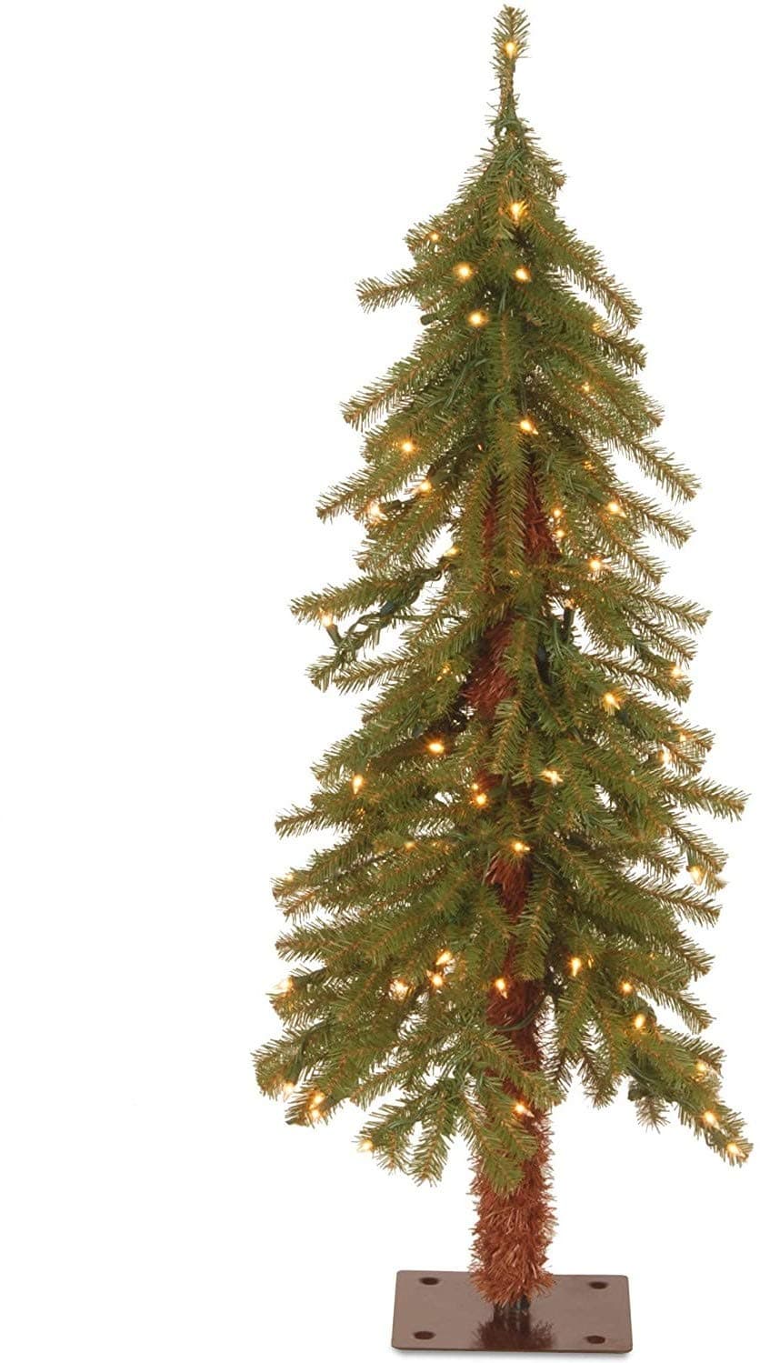 National Tree Company 3 ft Pre-Lit Hickory Cedar Mini Artificial Christmas Tree, 50 Clear Lights, 139 Tips, Metal Plate Base, Green
