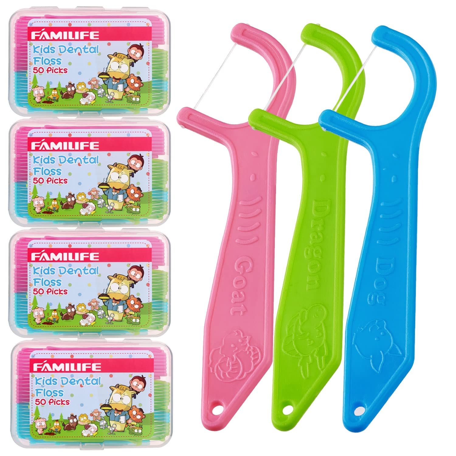 FAMILIFE Dental Floss Picks Kids flossers Toddler Threaders Children Unwaxed Unflavored Fluoride Free Dental Floss Child Kid Flossing Sticks with Travel Cases 200 Picks