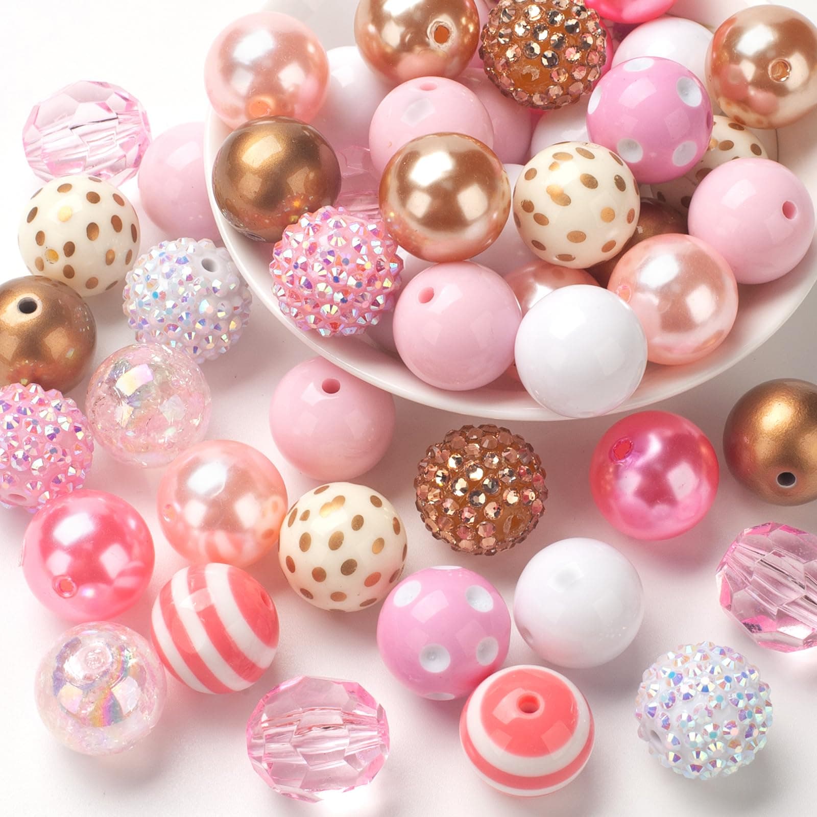 20mm Bubblegum Beads for Adult Crafts Making, 50 PCS Beads Bulk Mix, Colorful Chunk Bubble Gum Bead with Round Spacers, Extender Chains, Beading Cord for DIY Bag Chain Crafts Bracelets Necklaces