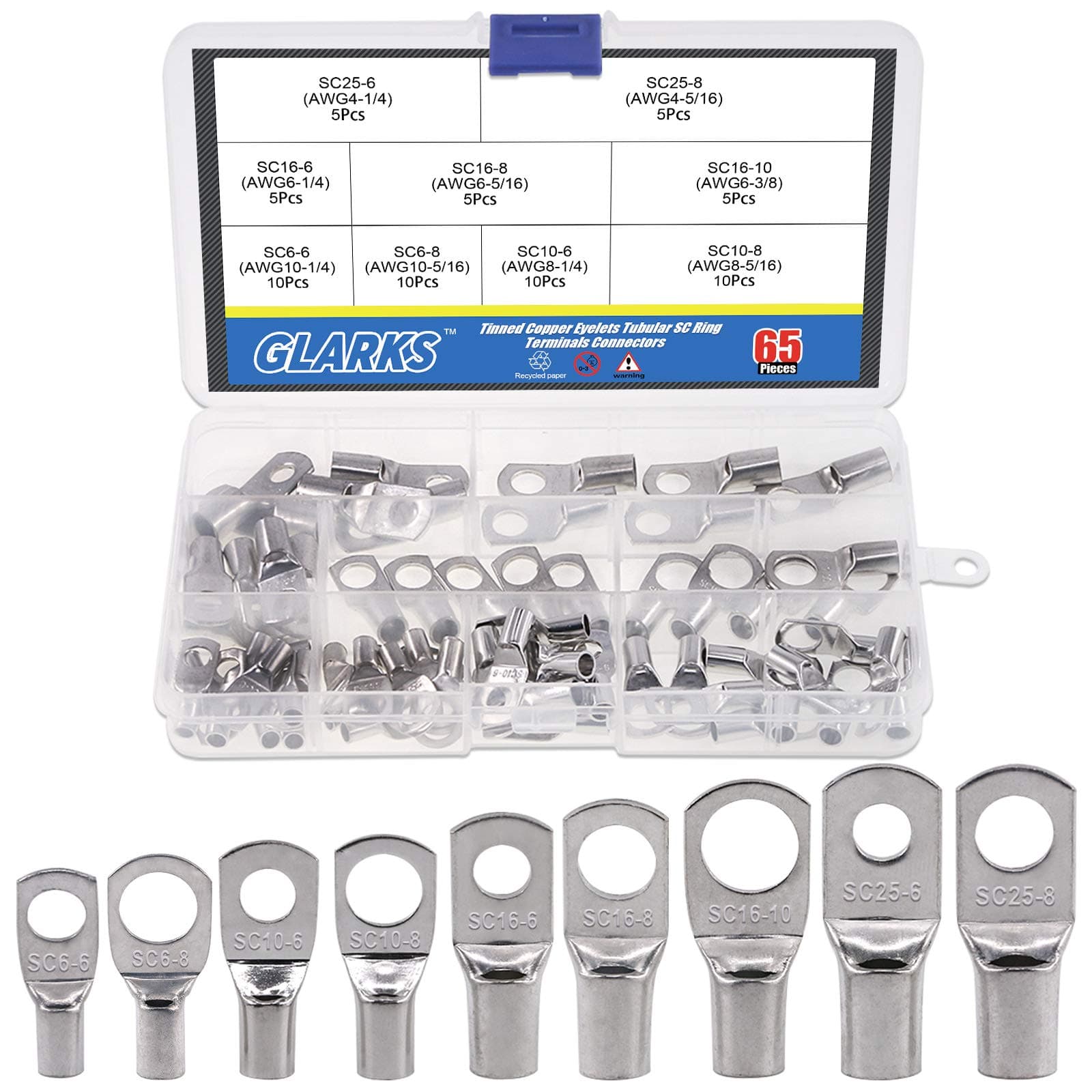 Glarks 65-Piece Cable Lug Set - 6 Sizes Tin-Plated Ring Terminals, Tube and Battery SC Terminal Set for Crimping