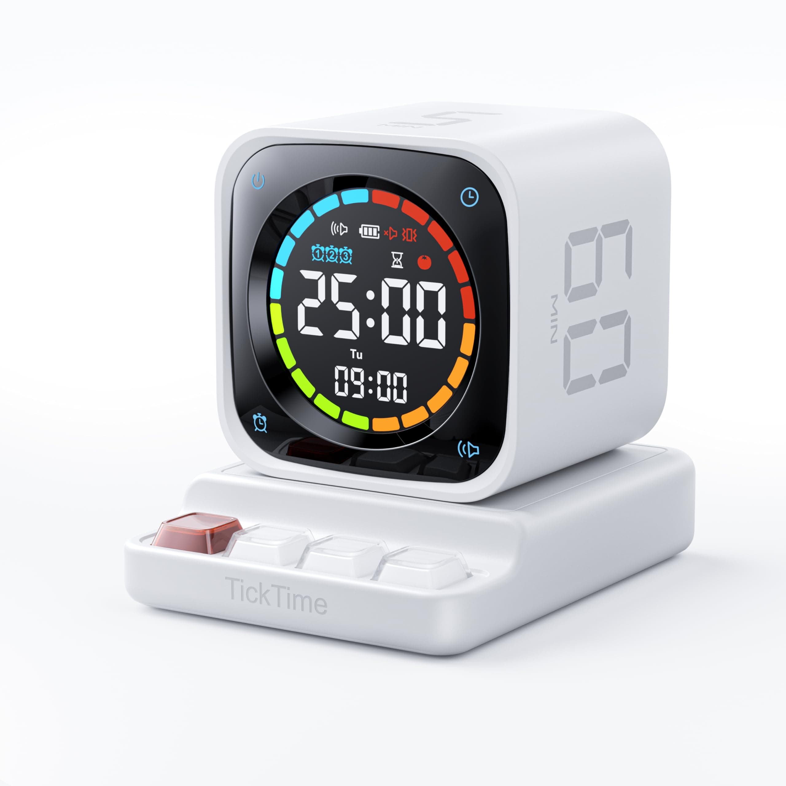 TK3 Pomodoro Timer Cube, Desk Productivity Timer with 5/10/30/60 Min Presets, Custom Countdown, Stopwatch, Clock, 3 Alarm, Silent, Vibrate & Sound Alert, for Task, ADHD, Study, Kitchen, White