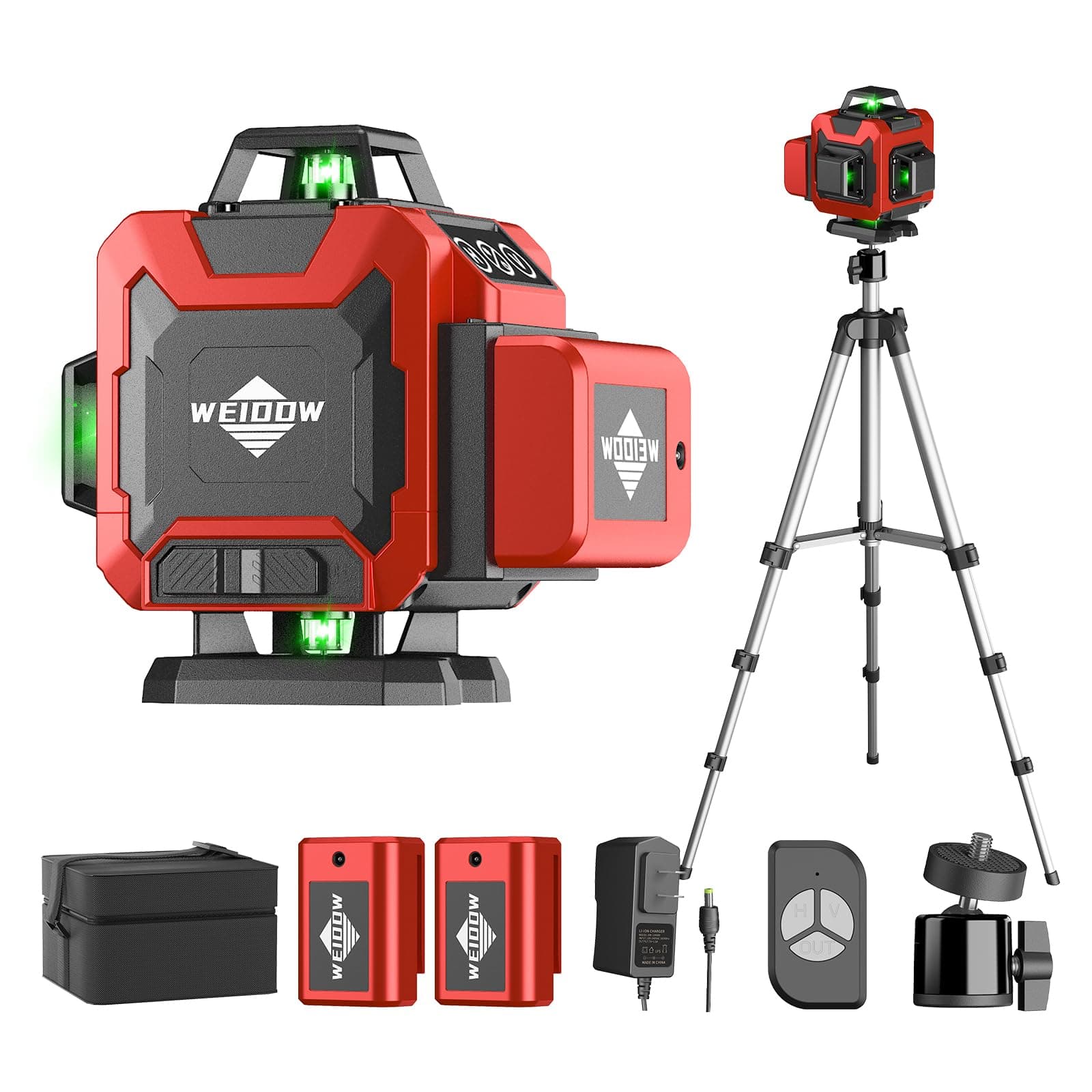 weiddw Laser Level with Tripod, Self Leveling Laser Level 4x360°, Green Line Laser 4D Laser Leveler Tool with 2Pcs Lithium Batteries for Picture Hanging, Tile, Home Renovation, Indoor