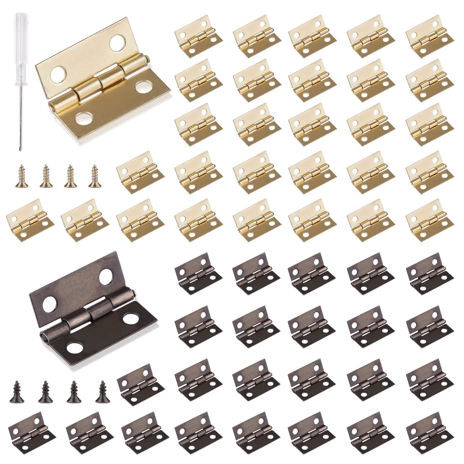 60 Pcs Antique Mini Hinges 15 * 18 mm Small Hinges for Dolls House with 240 Screws and Screwdriver for DIY Crafts Wooden Box Toys Cabinet Drawer