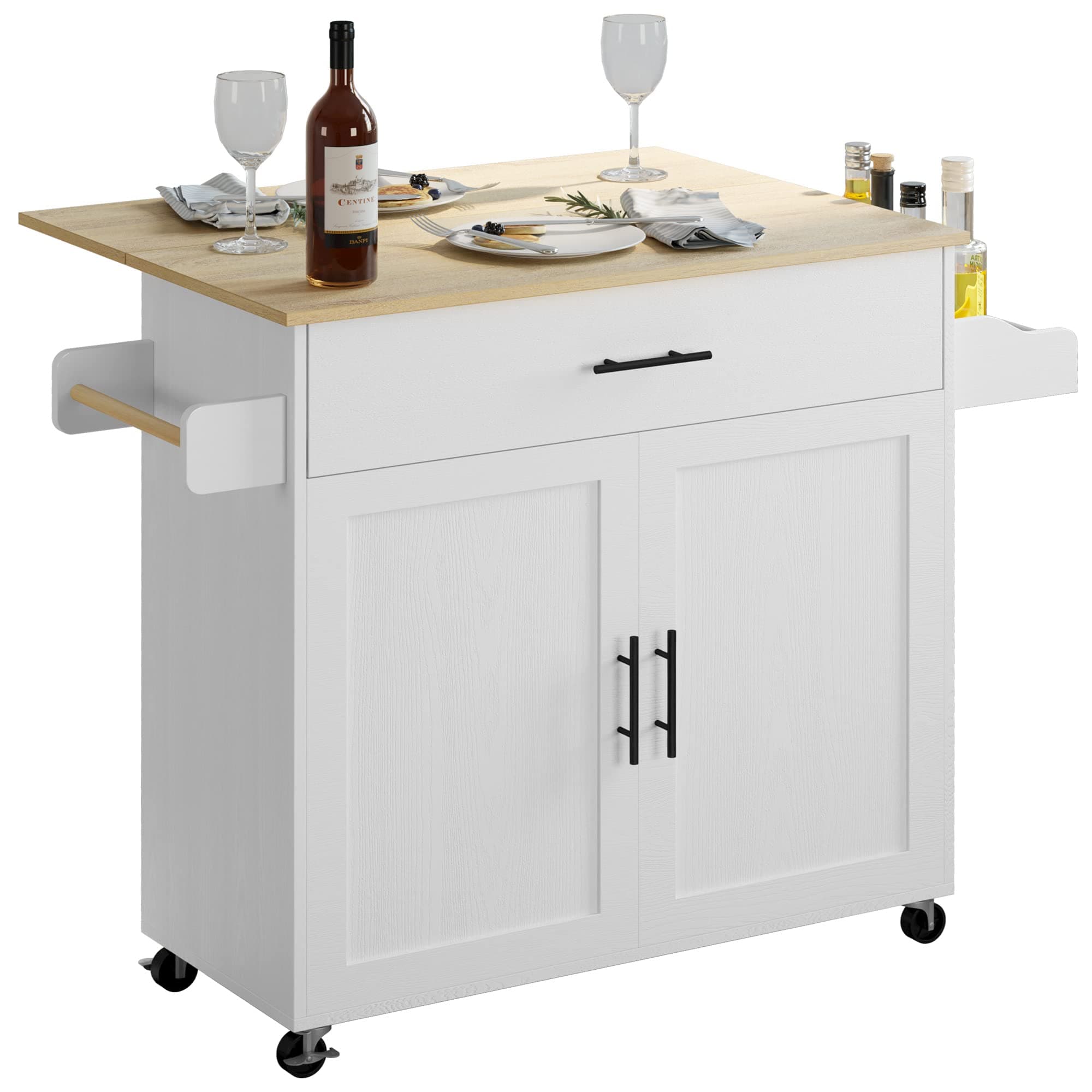 Rolling Kitchen Island Table on Wheels with Drop Leaf, Storage Cabinet, Drawer, Spice/Towel Rack, Kitchen Cart, 47.25" Wide White