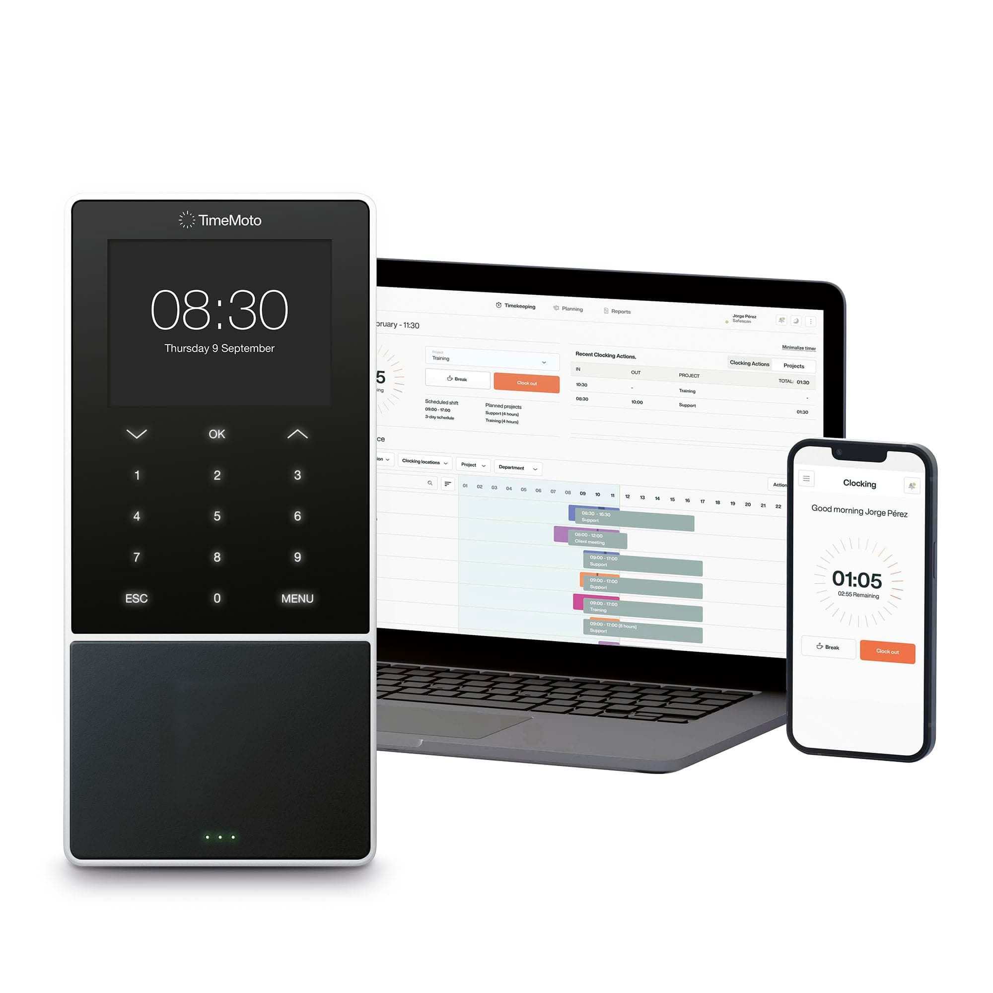 TimeMoto TM—818 SC Cloud-Based Employee Time Clock, Pairs With Contactless Smart Access Cards, RFID Badge/Keyfob, PIN, Up To 2,000 Users, Worked Hours Reporting, Timesheets, Wi-Fi, App for iOS/Android