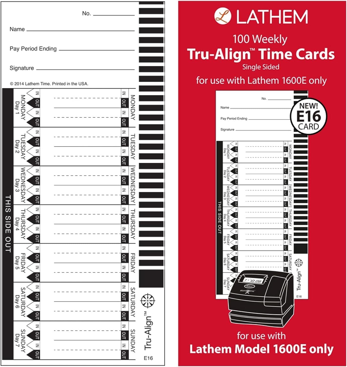 Weekly Tru-Align Time Cards, Single Sided for Use with Lathem 1600E Time Clock, 100 Pack (E16-100)