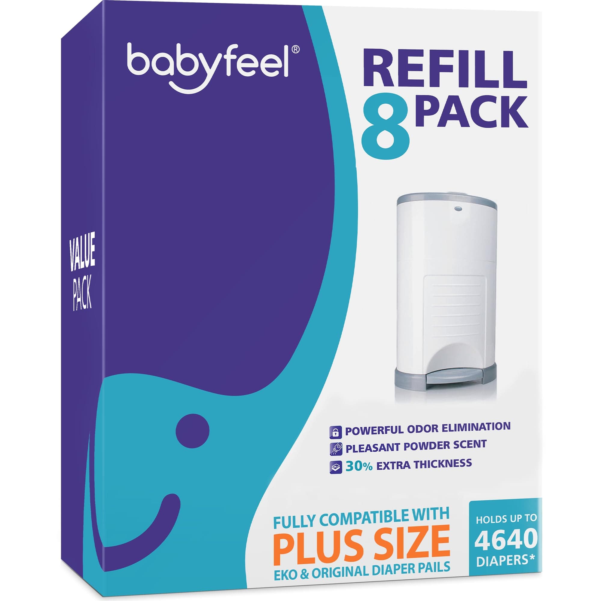 Refills for DEKOR PLUS Diaper Pails, 8 Pack, Exclusive 30% Extra Thickness, Fresh Powder Scent, Holds up to 4640 Diapers