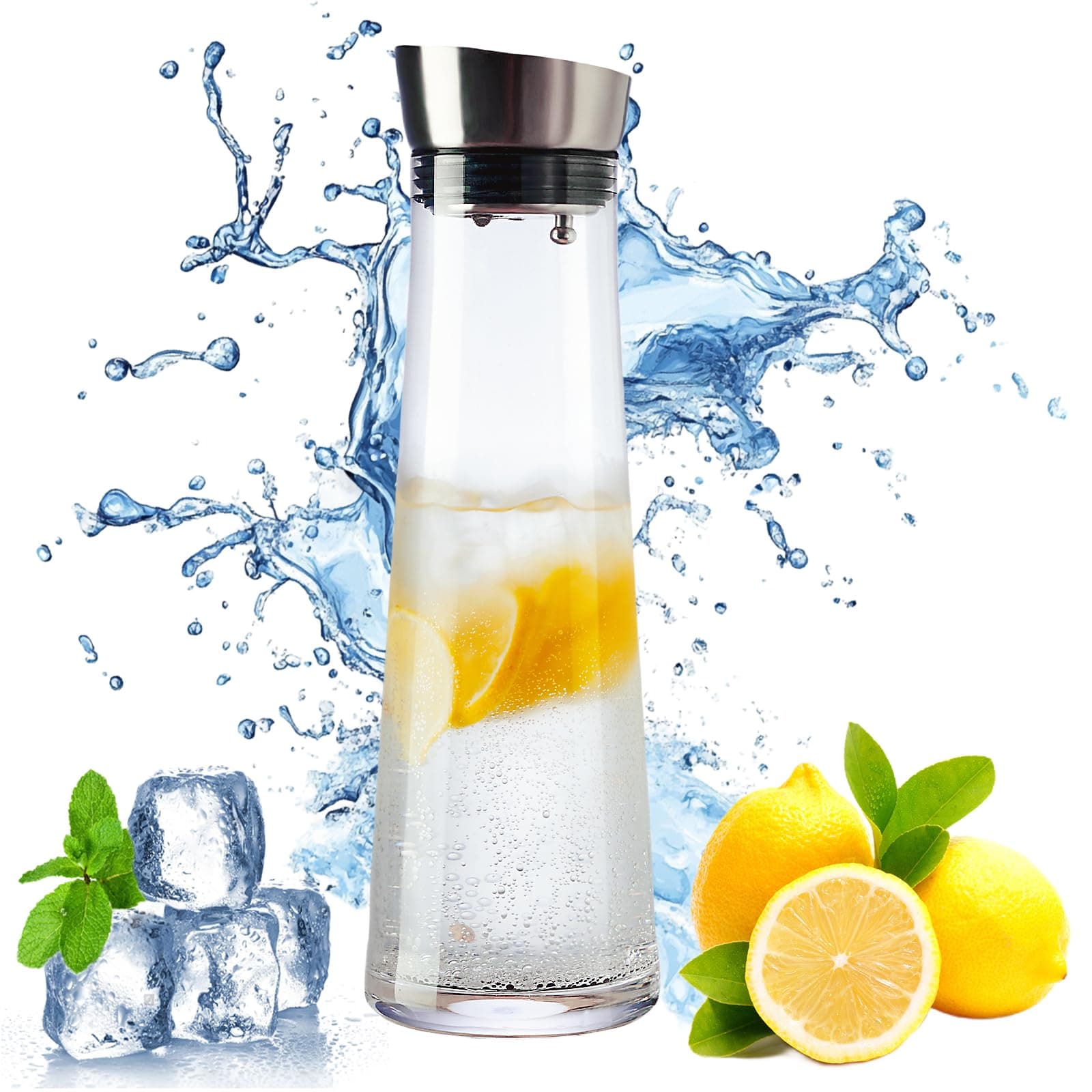 Glass Water Carafe with Lid,1200ml Glass Juice Pitcher with Stainless Steel Gravity Lid,Clear Water Pitcher for Ice Tea, Lemonade, Coffee,Juice Beverage,40 oz