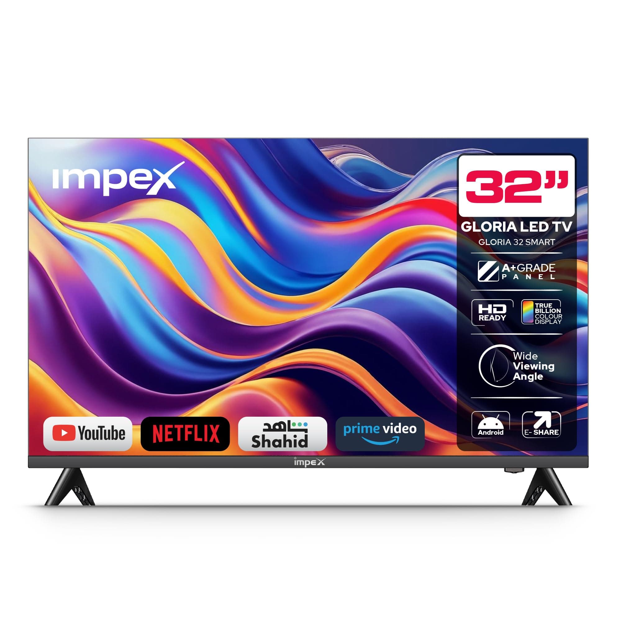 32 inch Smart Android HD LED TV, Frame Less Design,Mirror Cast And E-Share,HDMIUSB Wi-Fi Input,Netflix,YouTube, Disney+, Apple TV+, Starz Play Arabia,2 Years Warranty, Gloria 32 Smart