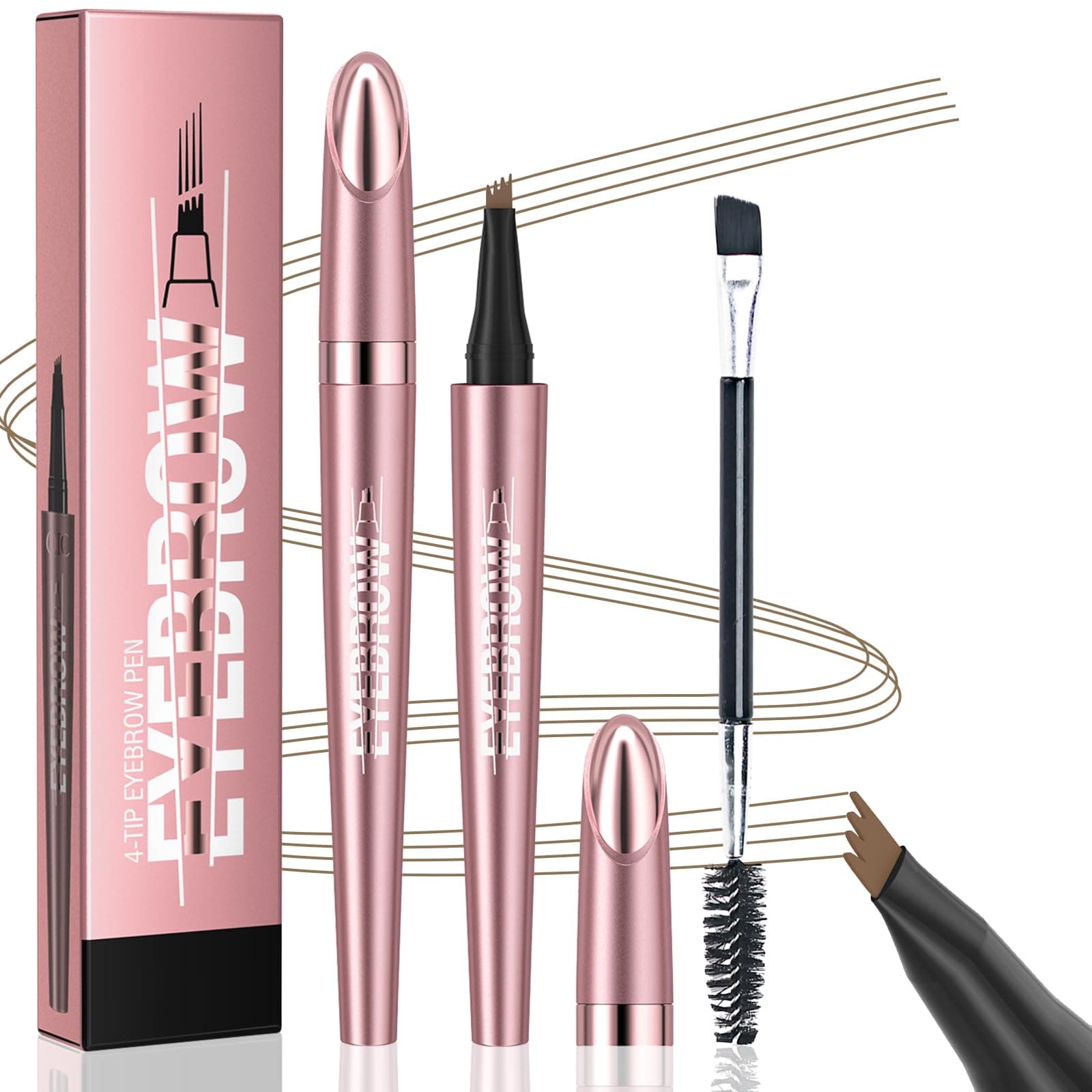 Eyebrow Pencil, Microblading Eyebrow Pen with 4 Micro-Fork Tips & Spoolie Brush, 3D Waterproof Eye Brow Pencils, Long-lasting Smudgeproof Brow Pen for Natural Looking Brows Makeup (Light Brown)