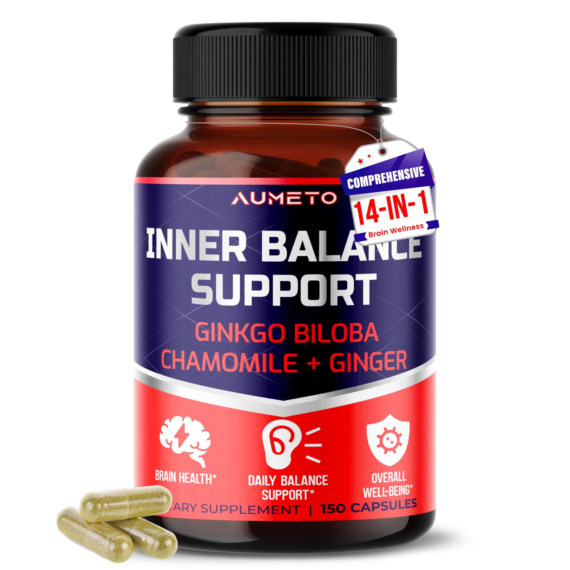 Vertigo Support Complex with Ginkgo Biloba, Chamomile, Ginger, Vitamin D3, B12 - Advanced 14-in-1 Formula for Spinning Dizziness Inner Ear Balance*
