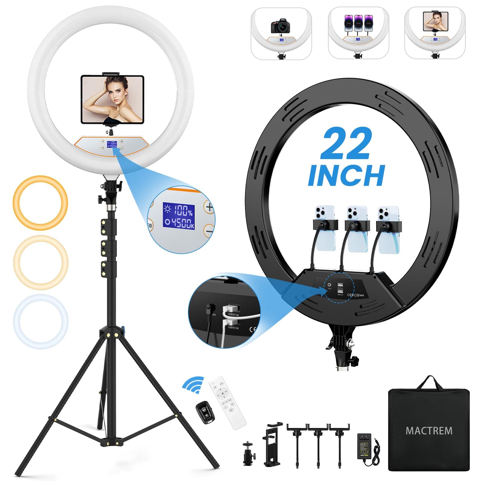 22'' Ring Light with 75'' Tripod Stand, LED Display/2 USB Ports/6500K Dimmable Ring Light for ipad Phone Holder for Tattoo Lash Live Makeup Video Recording TikTok Barber Stylist Photography