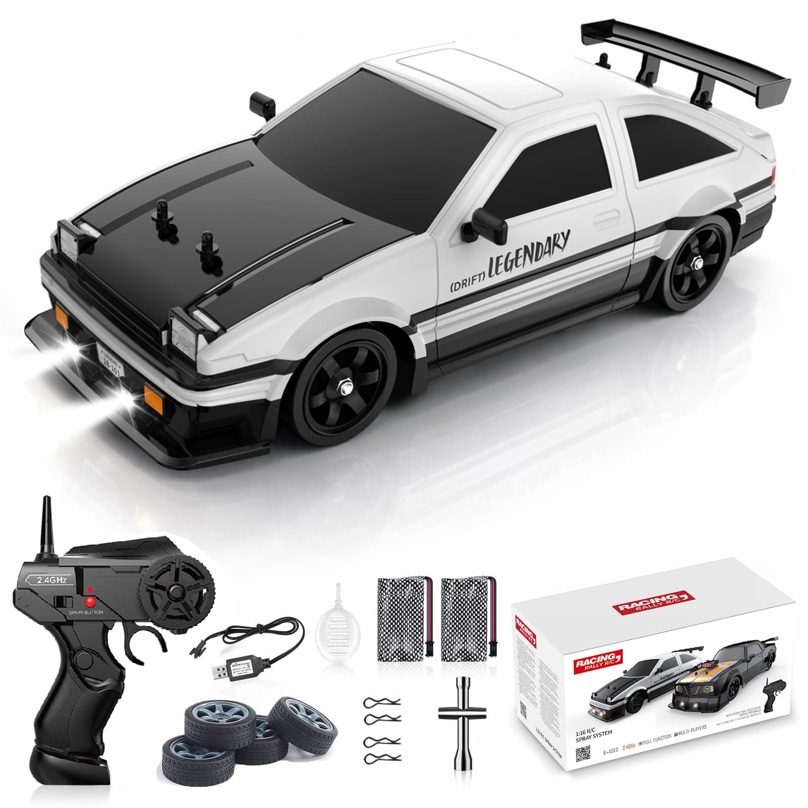 Remote Control Car RC Drift Car 1:16 Scale 4WD 18KM/H High Speed Model Vehicle 2.4GHz with LED Lights Spray Rubber Tire Racing Sport Toy for Adults Boys Girls Kids Gift 2Pcs Rechargeable Batteries