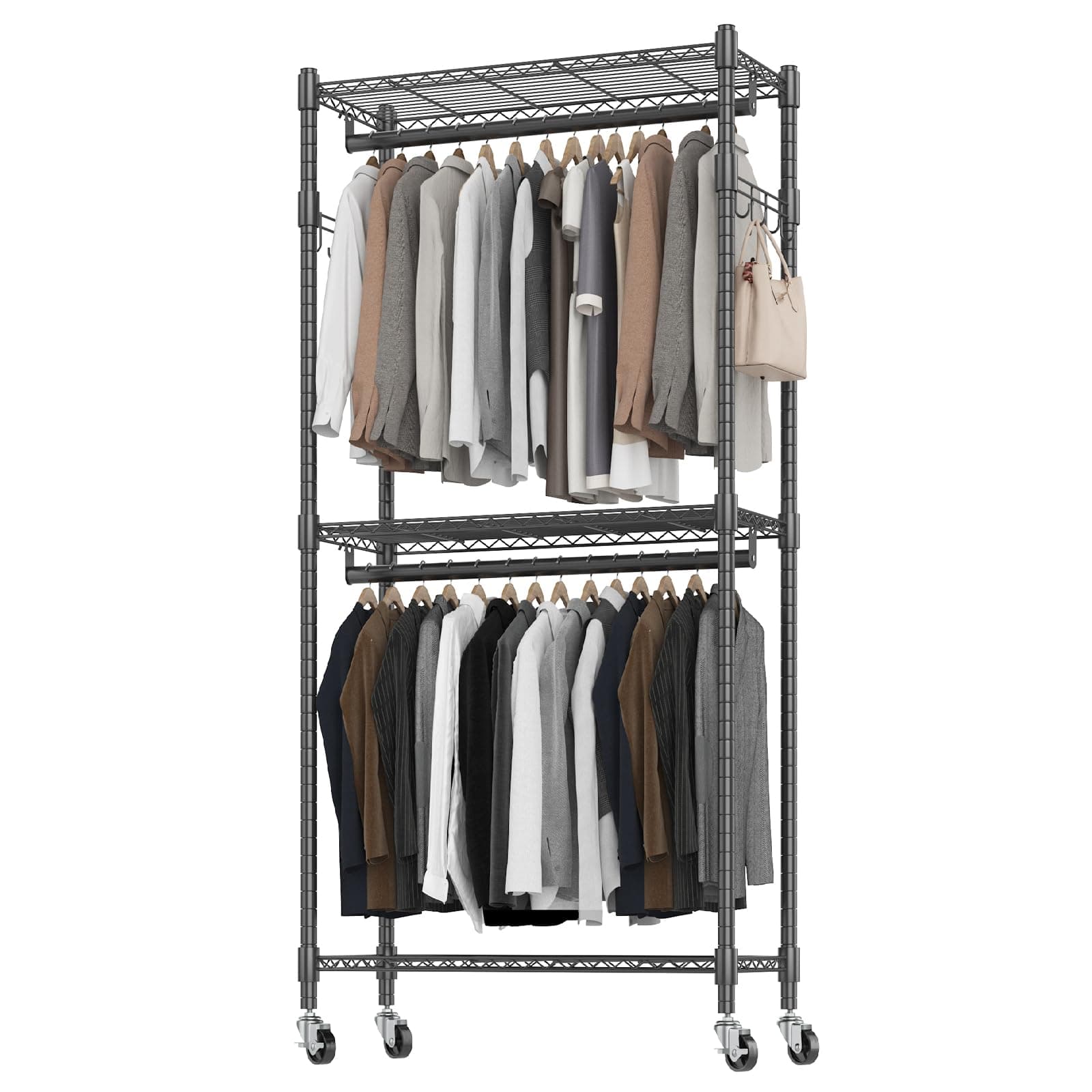 BATHWA Rolling Garment Rack Small Clothes Rack for Hanging Clothes, Portable Clothing Rack with Wheels and Hangers, Adjustable Shelves, Black