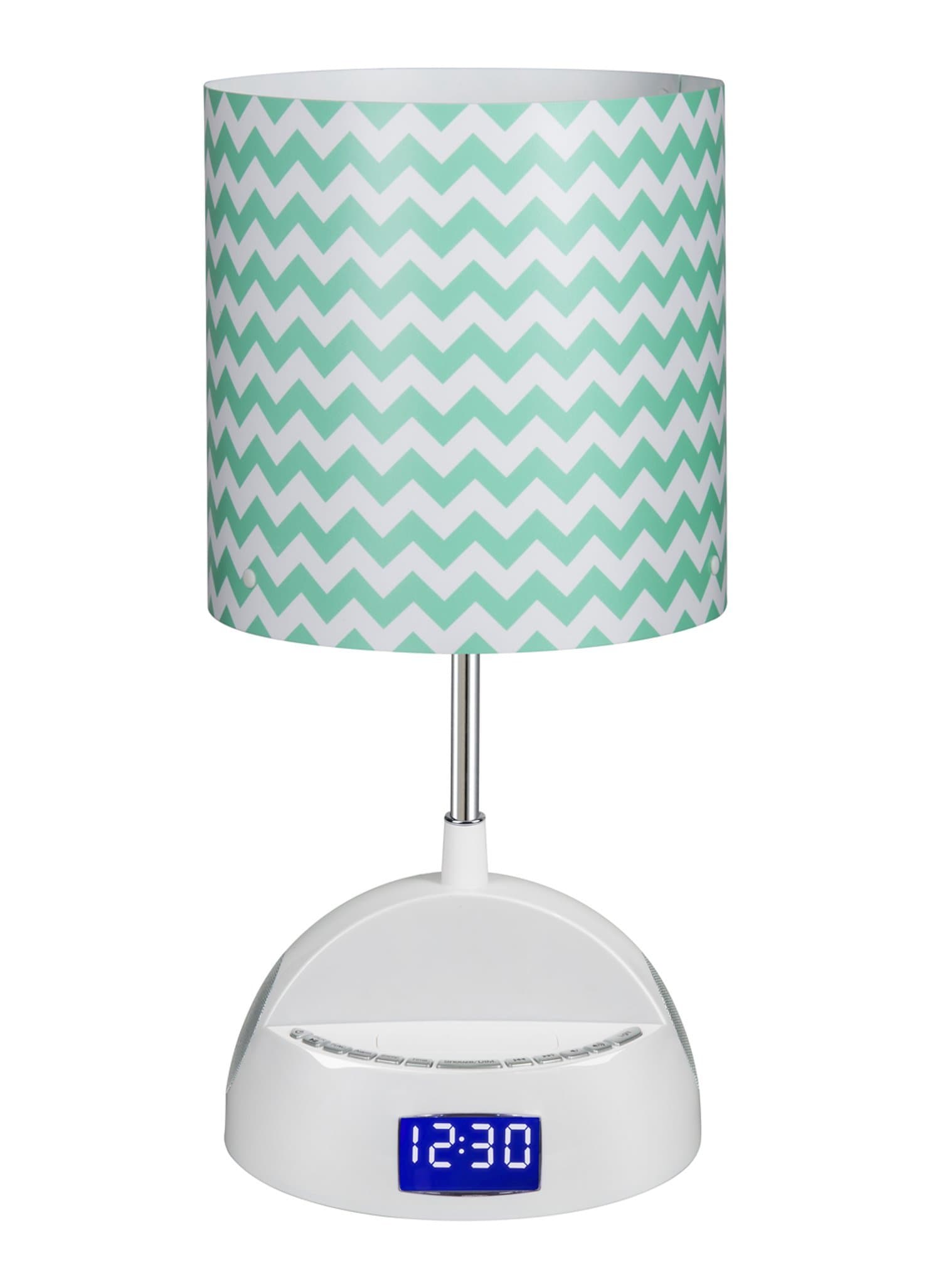 LighTunes LS1000-ACV-BT Bluetooth Speaker Lamp with Alarm Clock, FM Radio, and USB Charging Port, Aqua Chevron Shade