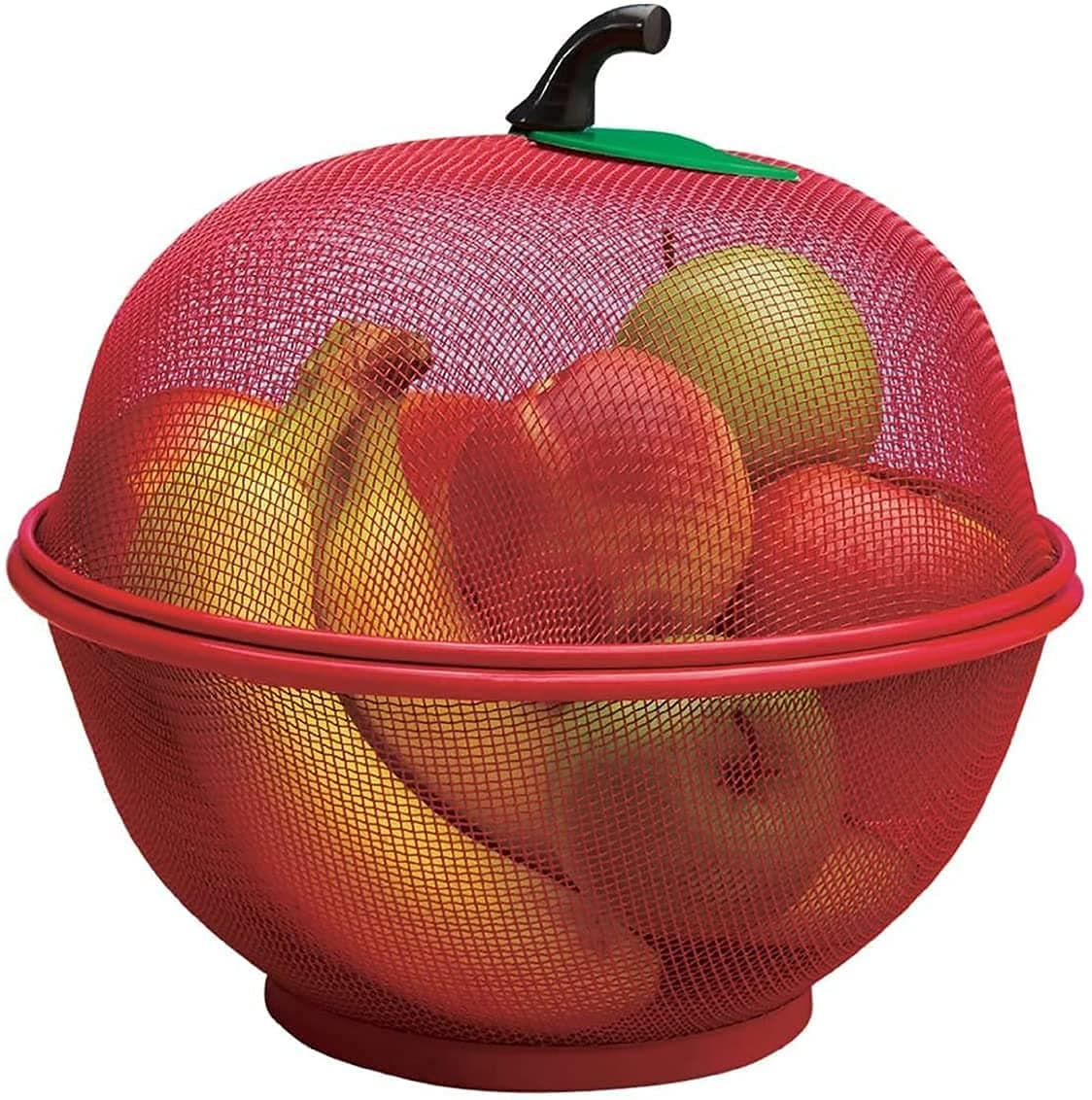 Apple Shape Fruit Basket with Net Cover – Red Iron Mesh for Kitchen Storage, Fruits & Vegetables, 1L Capacity, Freestanding Iron Accent Shelf