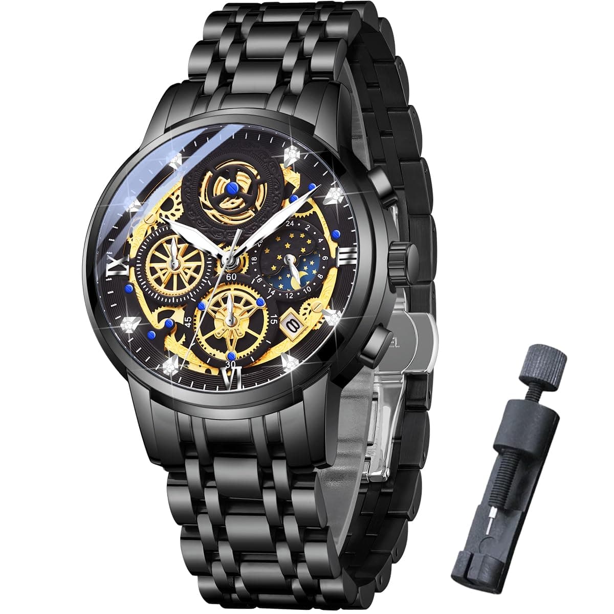 senstone Moon Phase Watch for Men Multifunction Chronograph Dial Analog Quartz Wristwatch Luxury Diamond Business Dress Watch with Luminous Waterproof Calendar Stainless Steel Strap