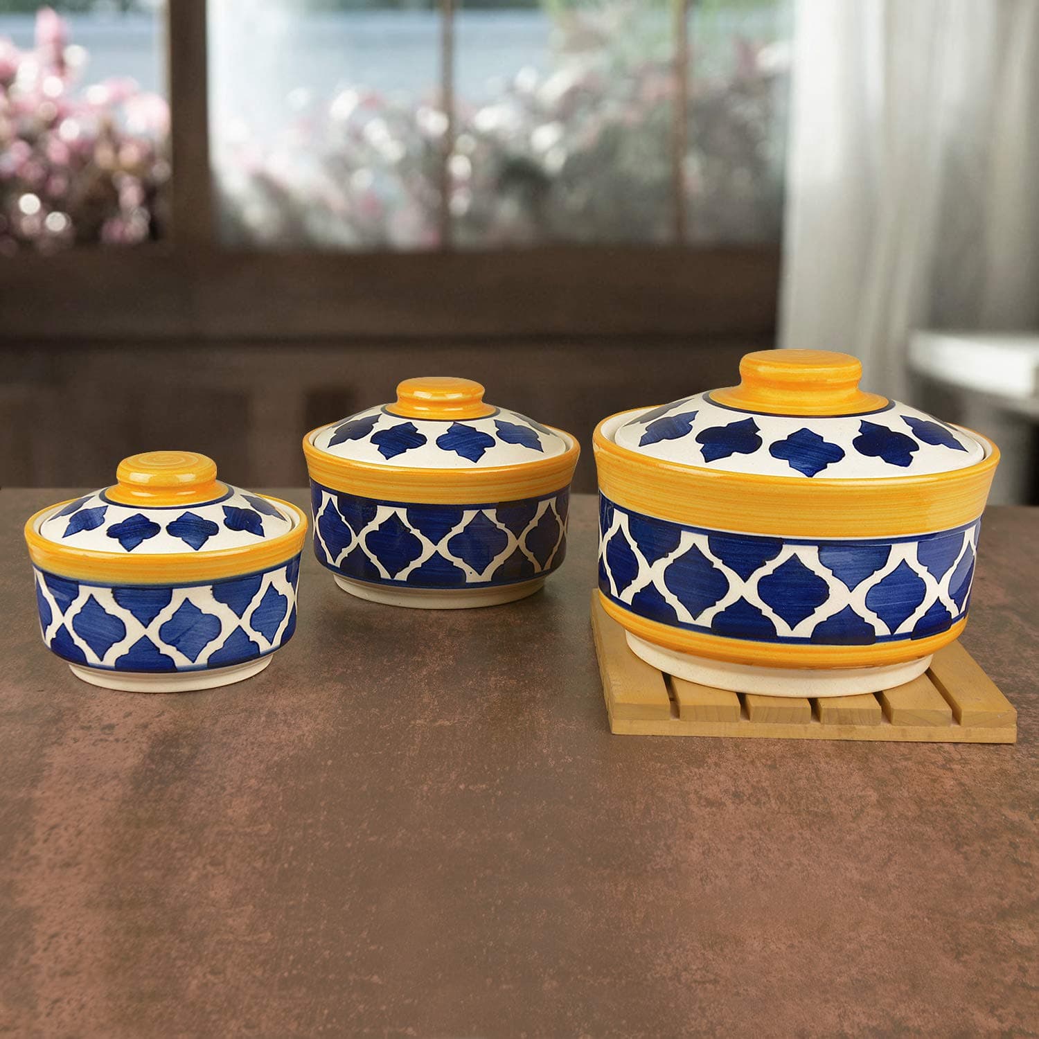 StyleMyWay Handpainted Ceramic Serving Donga with Lid Casserole Set (Set of 3, Blue and Yellow) | Dinner Serving Set | Stackable Kitchen Bowl Set – 900 ml, 500 ml, 300 ml