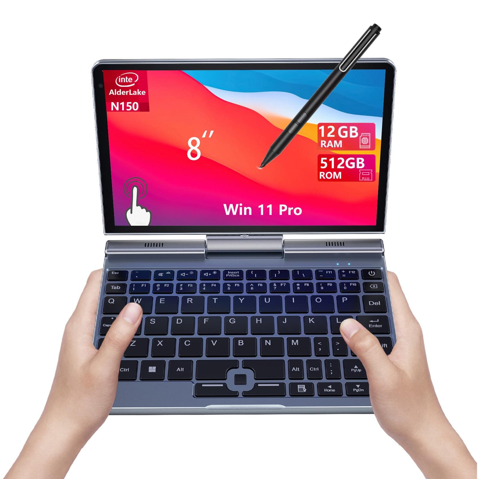 8" Mini Laptop, 2-in-1 Small Computer N150, 12GB RAM, 512GB SSD, Touchscreen, Win 11 Pro, Wi-Fi 6, BT 5.2, Stylus Support, HDMI, Lightweight Portable Convertible PC