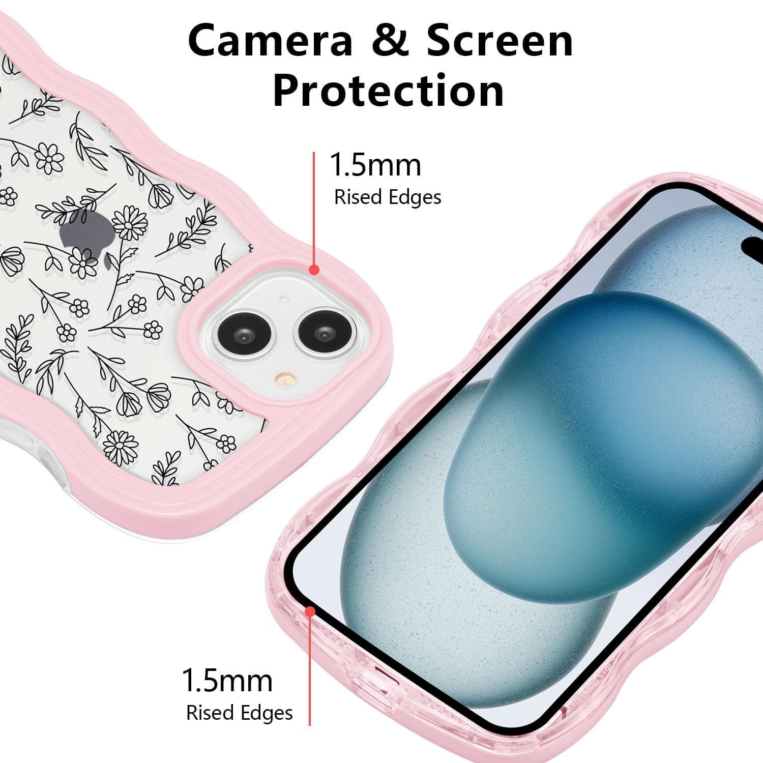QLTYPRI Compatible with iPhone 15 Case, Cute Curly Wave Frame Clear Case for Girls Women, Flower Clear TPU Bumper Slim Soft Silicone Shockproof Protective Phone Cover for iPhone 15 - Black Floral/Pink