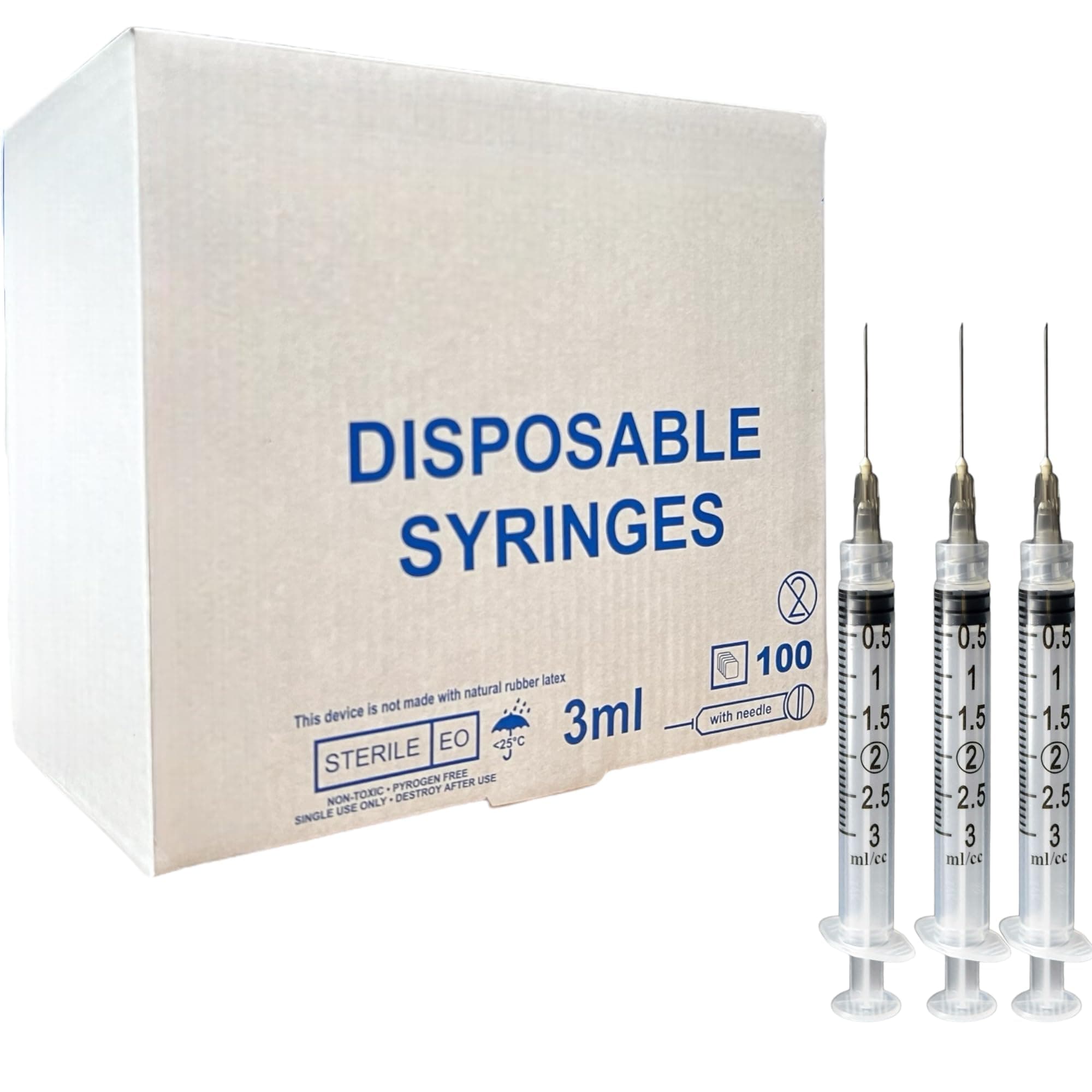100 Pack Disposable Syringes with Needle and Cap, 3ml, 3cc, 22 Guage, 1 Inch Needle, Luer Lock, 100 Count Individually Wrapped 22G Needle Syringe