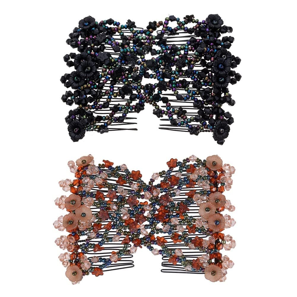 Ruihfas 2Pcs Handmade Beaded Easy Combsâ Stretchable Double Combs Hair Clips Hair Bun Maker Hair Accessories for Curly Thick Wavy Hair Ponytail