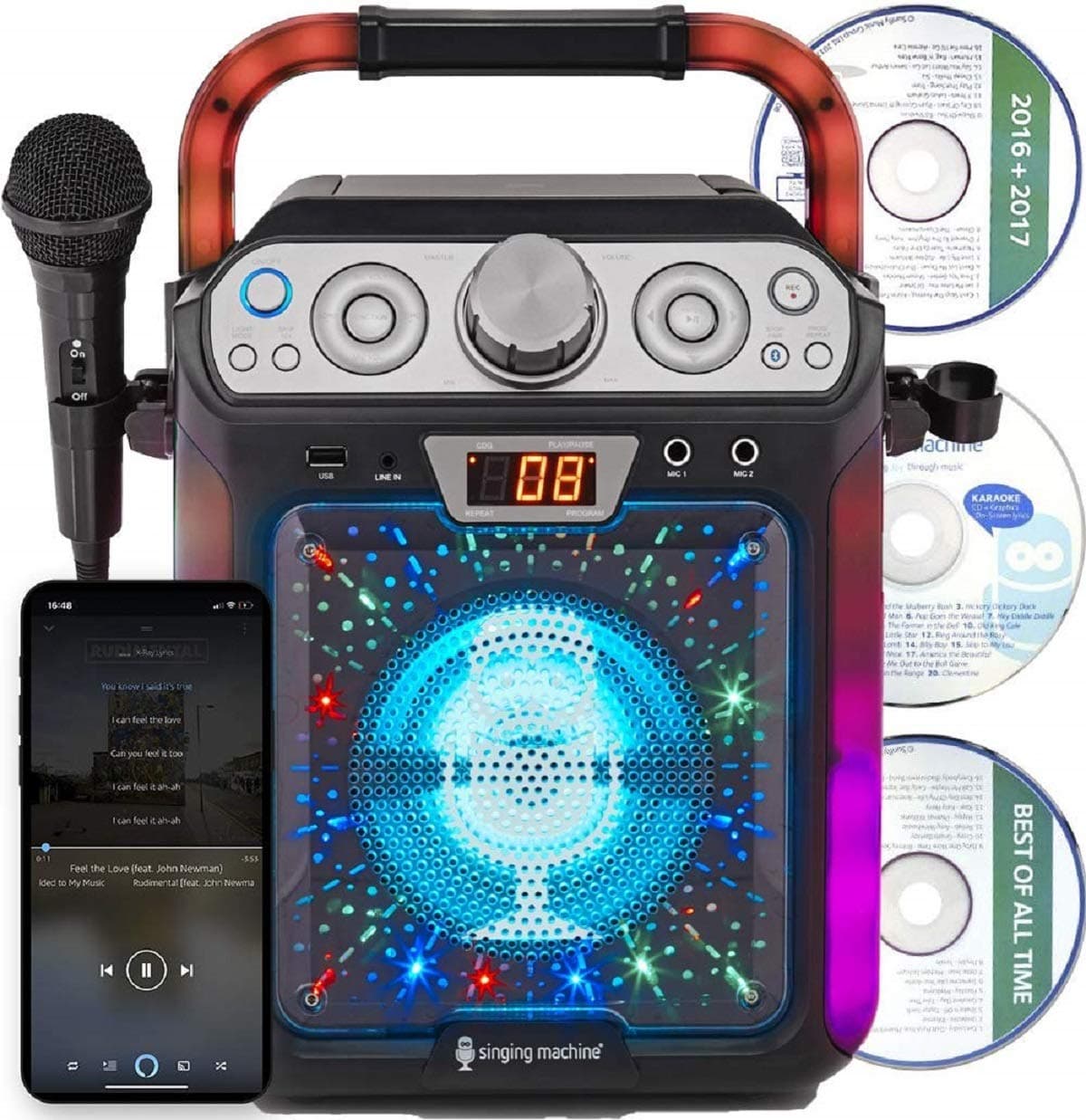 Singing Machine SML682BTW Bluetooth and CD Karaoke Machine with LED Lights and Microphone, Black