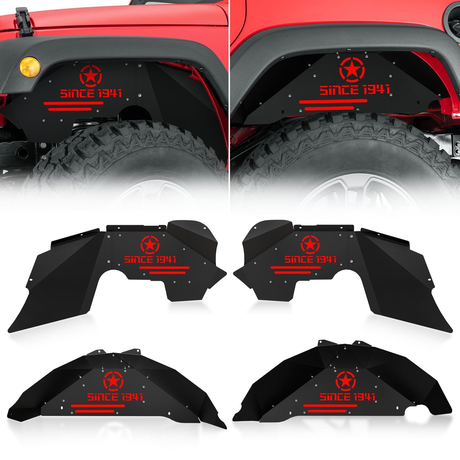 YZONA Front & Rear Inner Fender Liners Compatible with 2007-2018 Jeep Wrangler JK & JKU Unlimited (2/4 Doors), Steel Wheel Well Cover Bolt-on Mud Guards Fenders Flares, Black