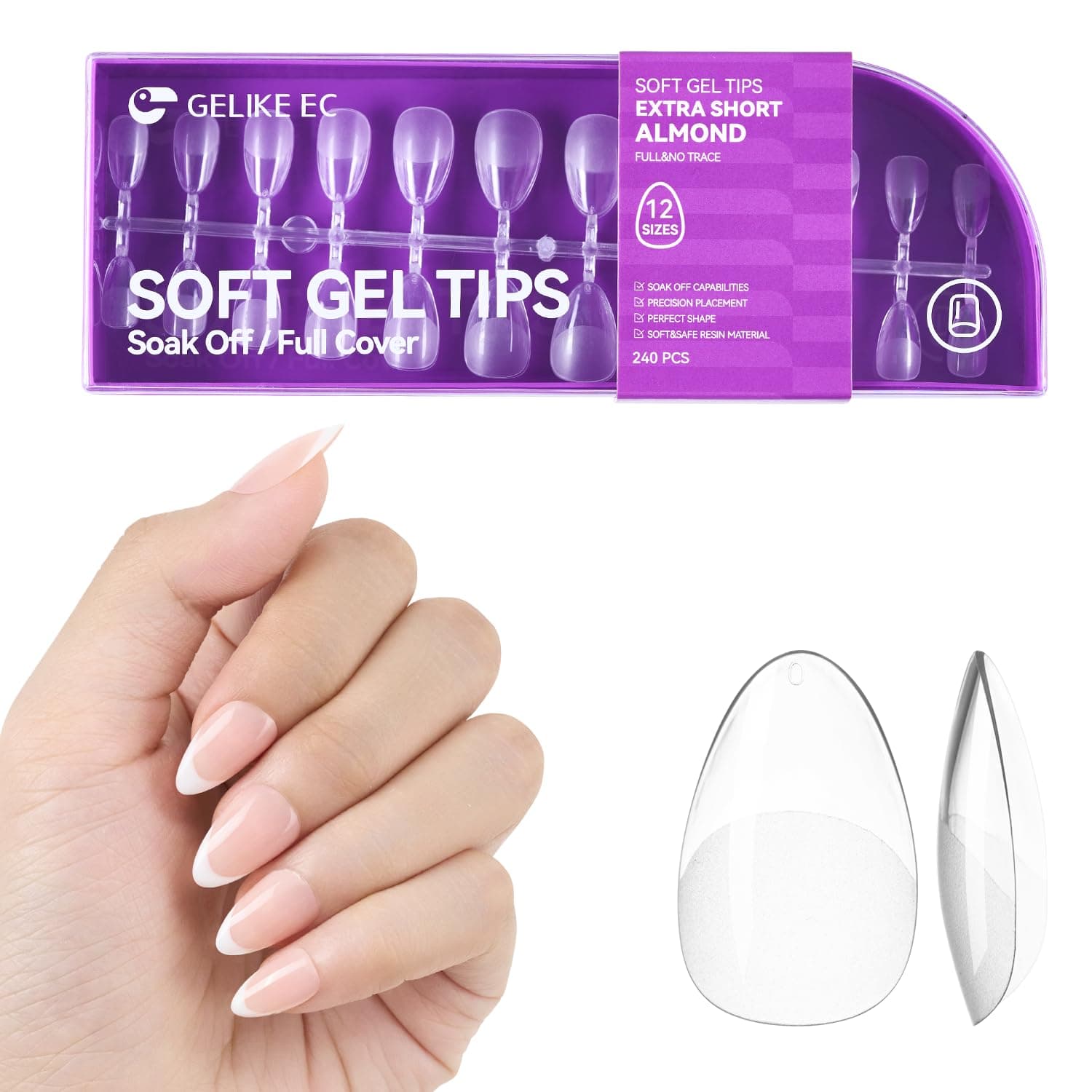Extra Short Soft Gel Nail Tips Kit for Soak Off Nail Extensions,Full Cover,Almond Shaped,Pre-buff PMMA Resin,Clear Ultra-Thin Design,12 Sizes,240 Pieces