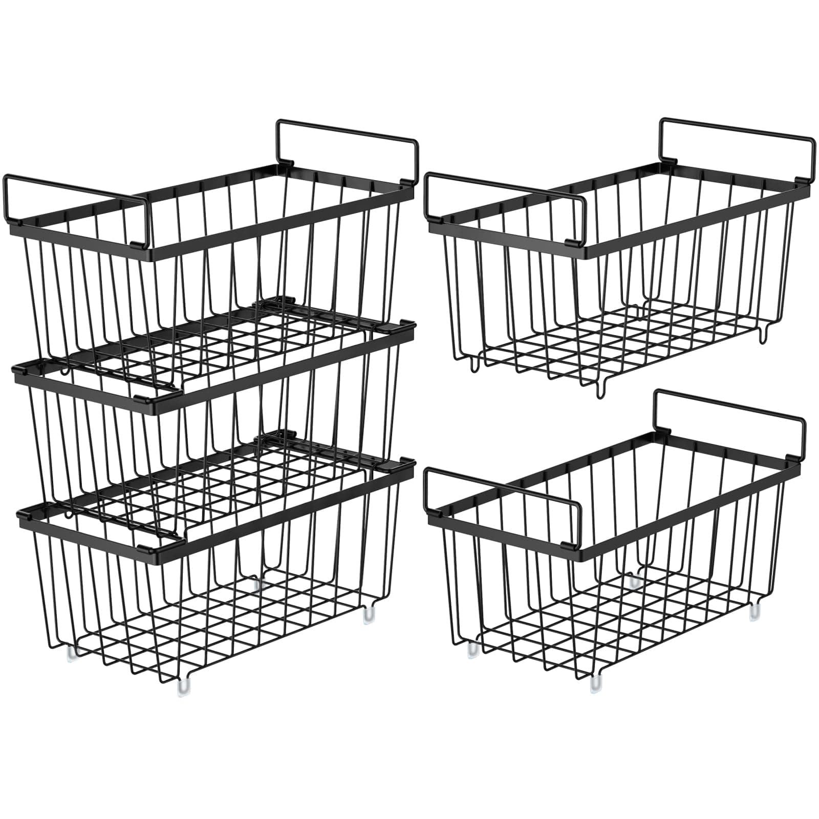 iSPECLE Stackable Wire Baskets, 5 Pack Pantry Baskets with Handles Metal Storage Organizers Cabinet Organizer Fruit Basket for Kitchen Countertop, Black