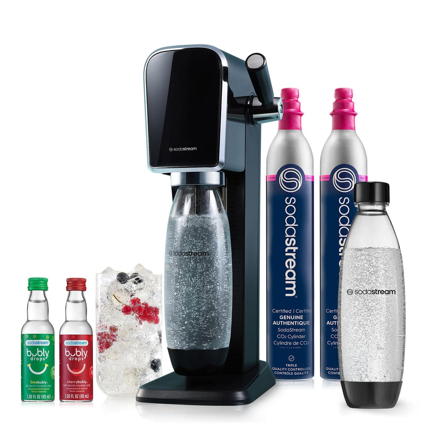 Art Sparkling Water Maker Bundle (Black), with CO2, Dishwasher Safe Bottles, and Bubly Drops Flavors