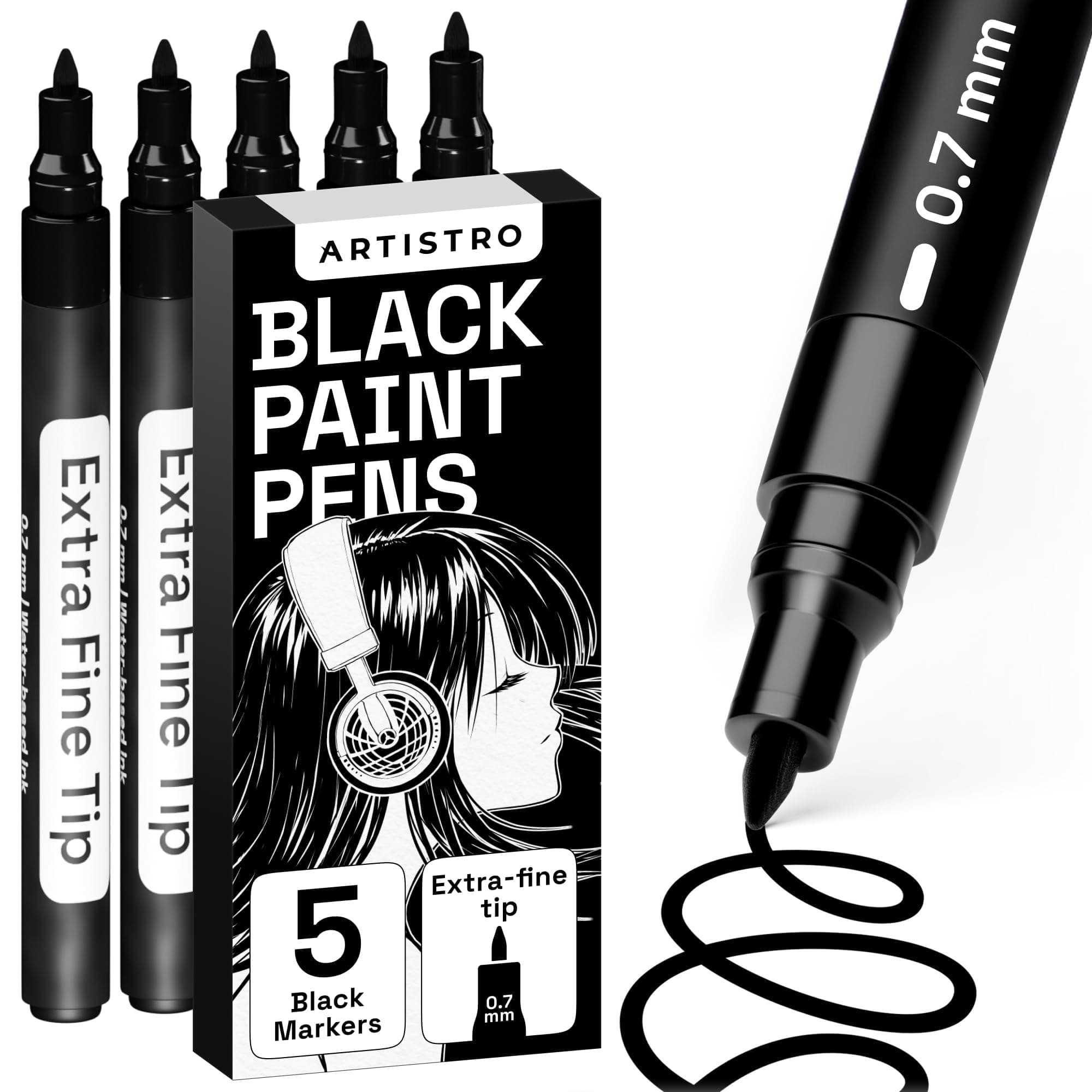 ARTISTRO 5 Black Paint Pen for Rock, Glass, Ceramic, Wood, Tire, Fabric, Metal, Canvas, Marking, Painting - Set of 5 Acrylic Paint Markers Water-based