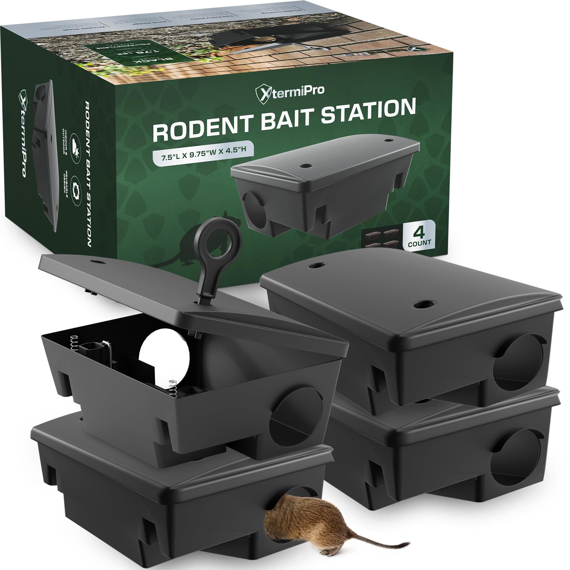 Large Rat & Mouse Bait Station - 4 Pack - Rat Bait Stations for Mice Outdoor/Indoor - Tamper Resistant - Child & Pet Safe Rodent Bait Station - Outside Traps - Bait Box Pest Control