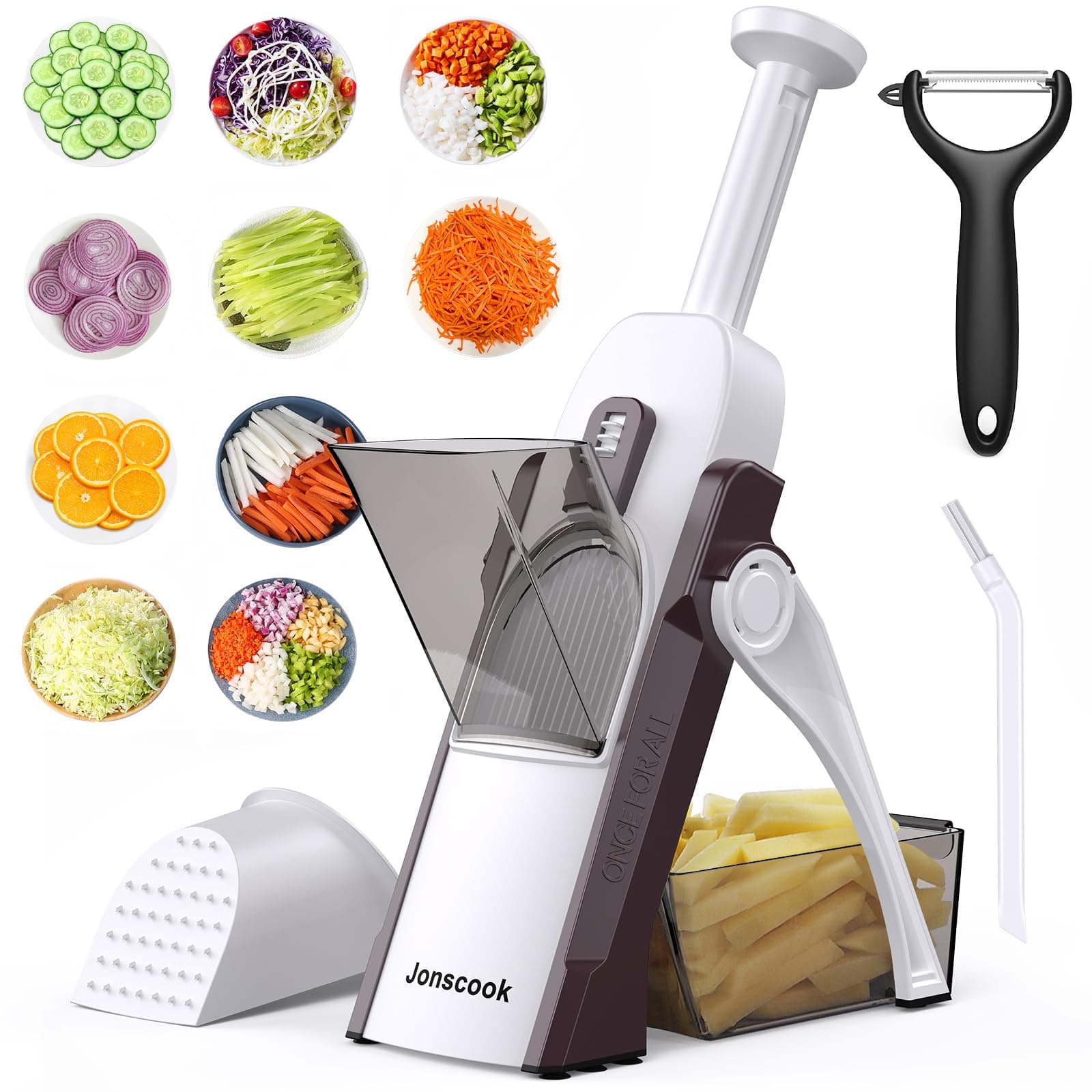 Safe Mandoline Slicer for Kitchen, Adjustable Thickness 0.1-8 mm, 5 in 1 Multi Vegetable Chopper, Potato Slicer, Food Chopper French Fry Cutte, with Paring Knife/Cleaning Brush, Mandolin (Brown)