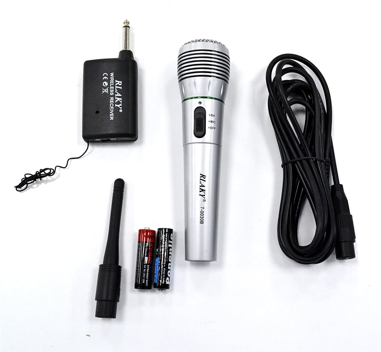 rlaky WIRE & WIRELESS MICROPHONE DYNAMIC HI-FIDELITY UNI-DIRECTIONAL,WITH RECEIVER,WIRELESS ANTENNA,WIER FOR WIRED MICROPHONE/MIC