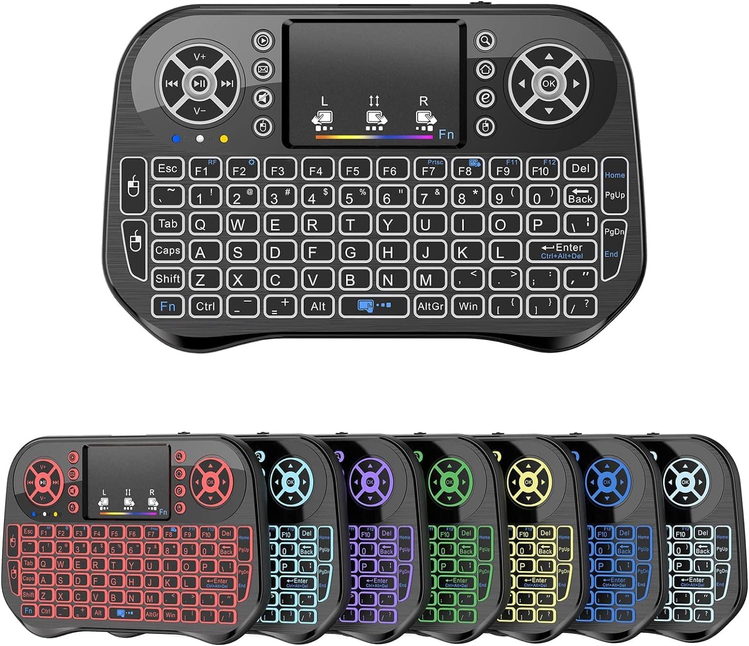 Mini Wireless Keyboard with Touchpad Mouse Combo, 7 Colors RGB Backlit, Portable 2.4 Ghz Mini Keyboard with Rechargable Li-ion Battery for Android Box, Smart TV, Pad, PC, HTPC, Tablet and Windows OS